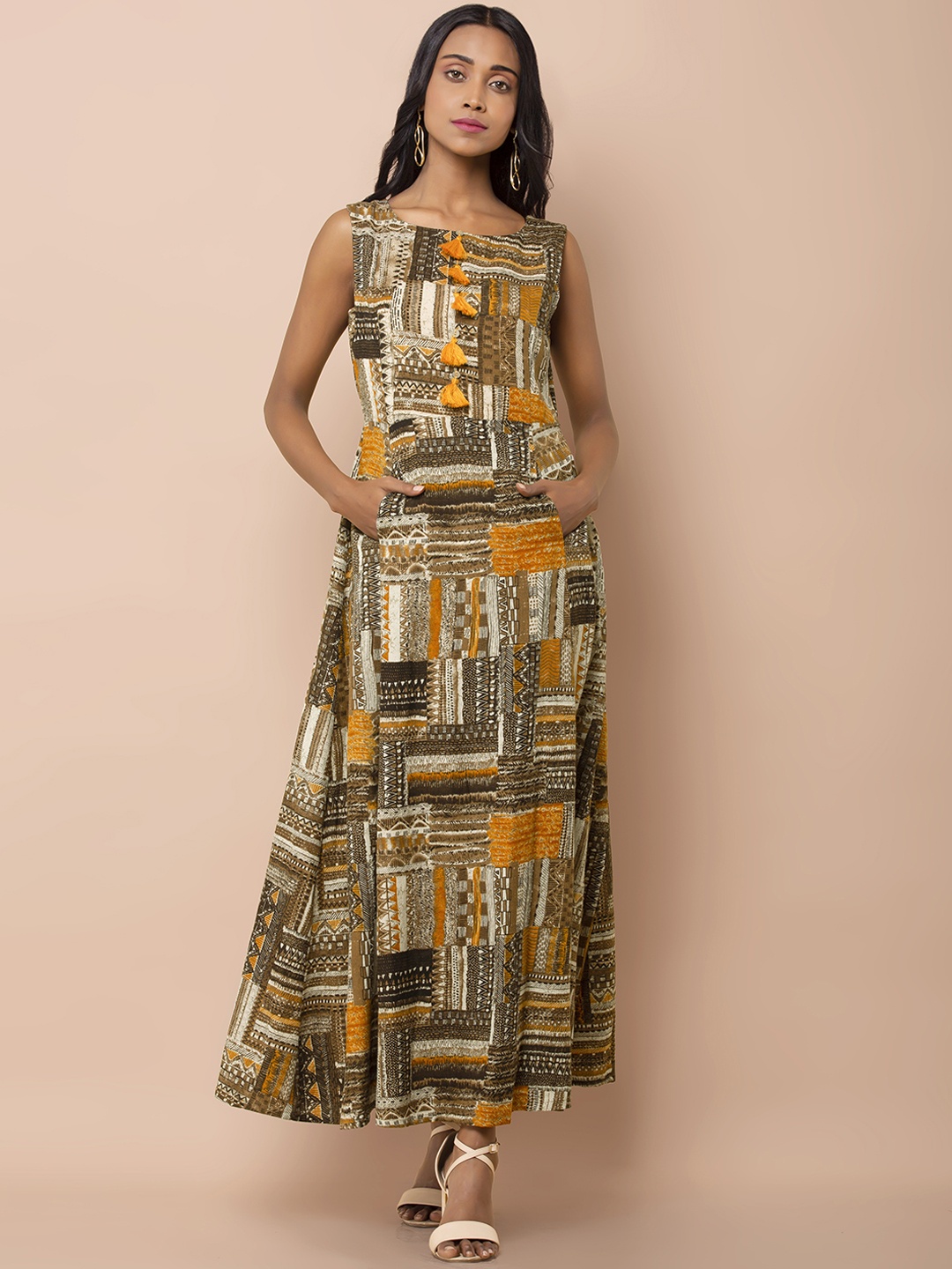 

INDYA Women Brown & Yellow A-Line Dress