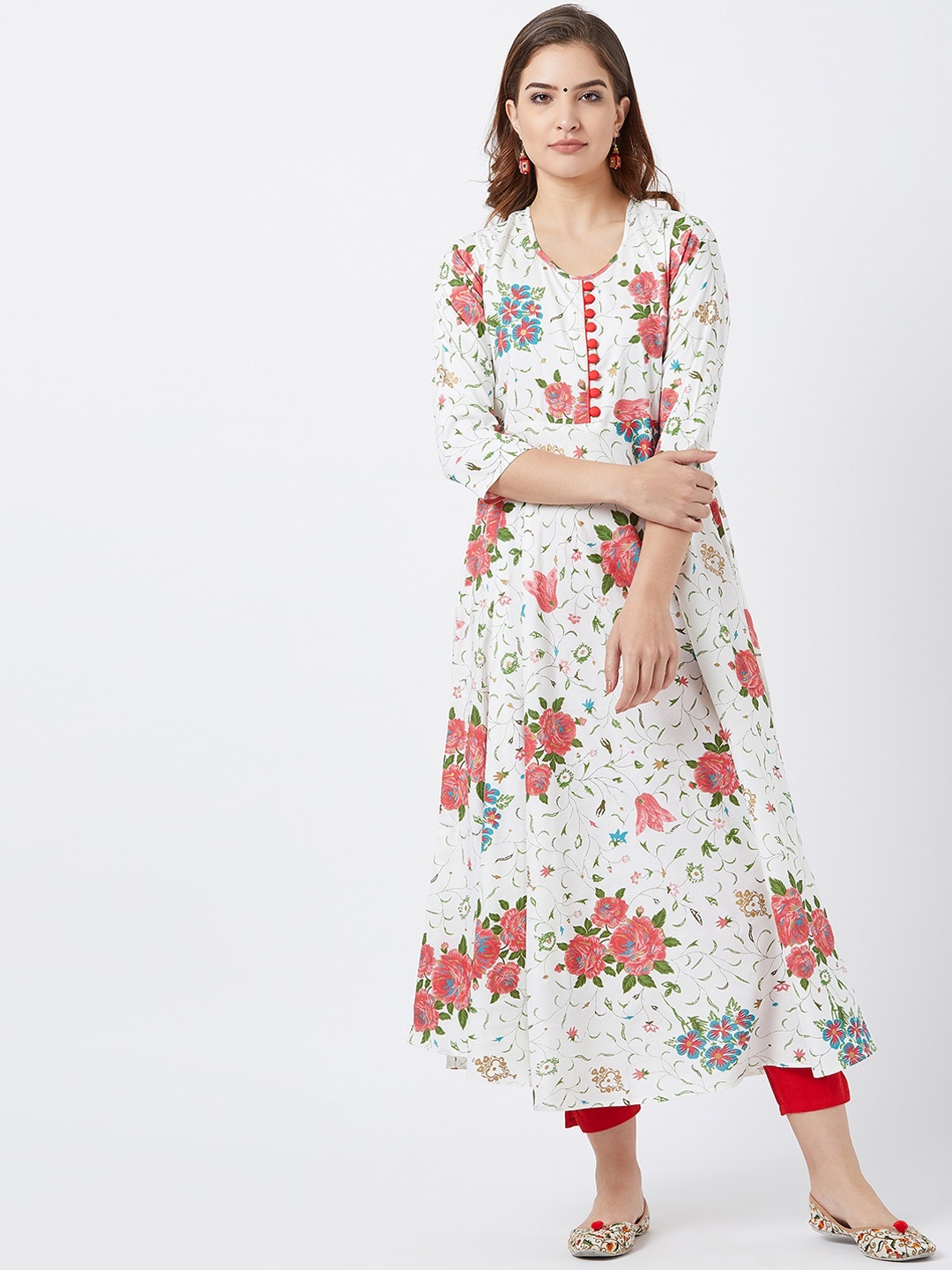 

Tissu Women White & Red Printed A-Line Kurta