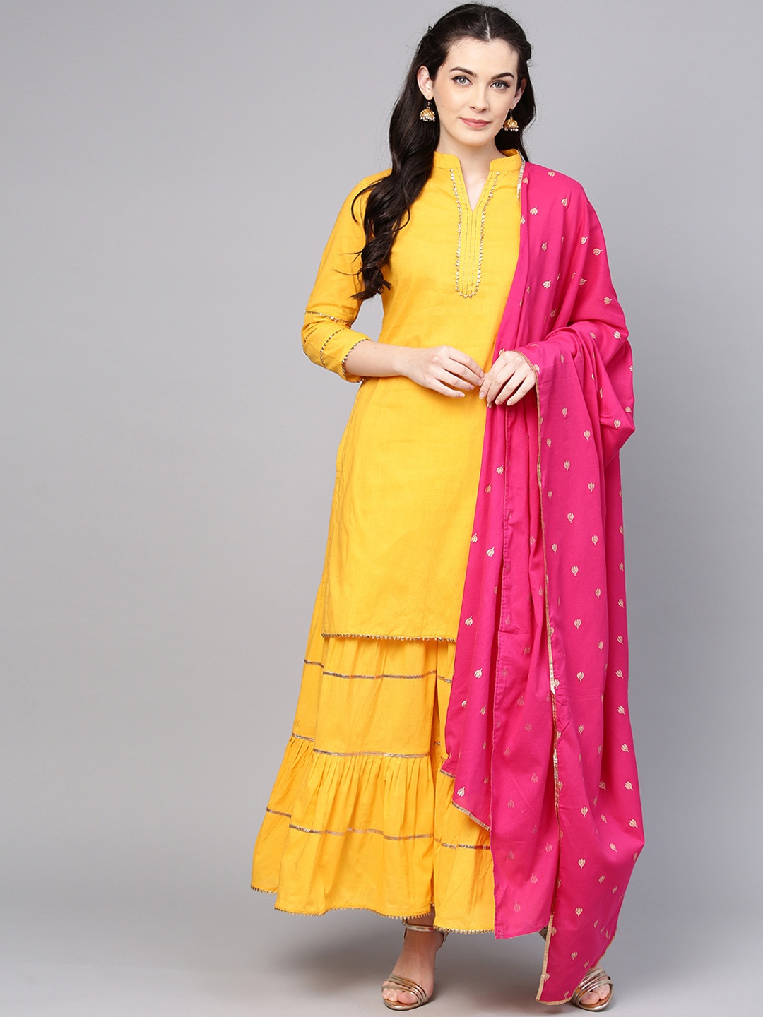 

Bhama Couture Women Yellow Solid Kurta with Palazzos & Dupatta