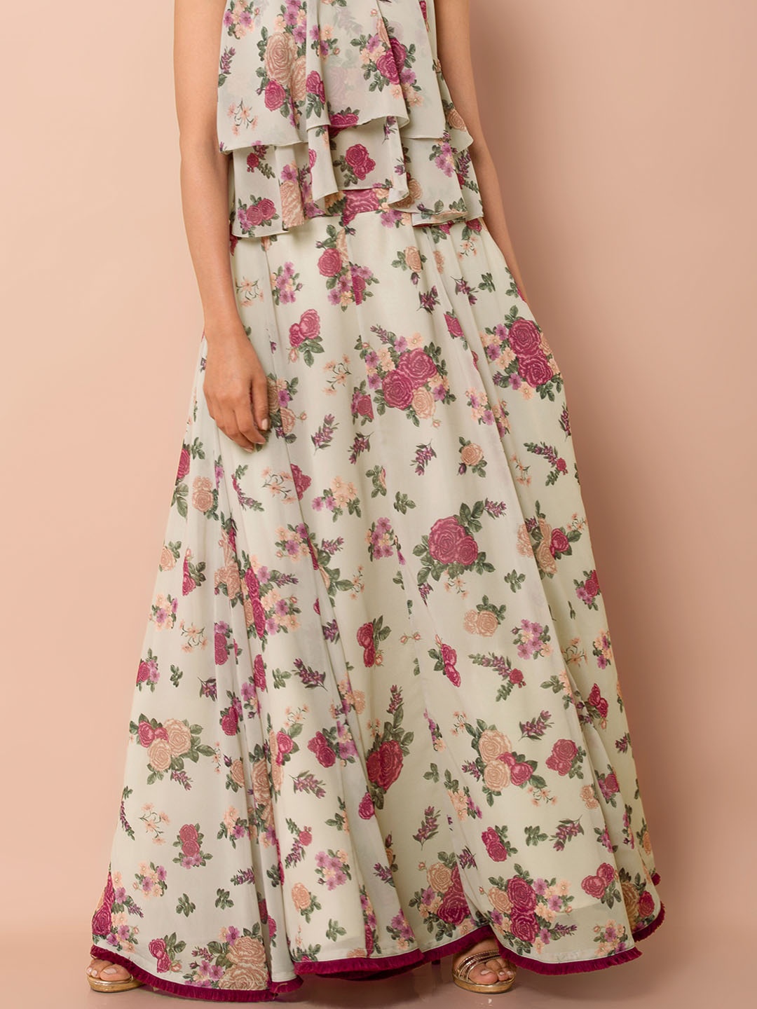 

INDYA Women Off-White & Pink Printed Flared Maxi Skirt