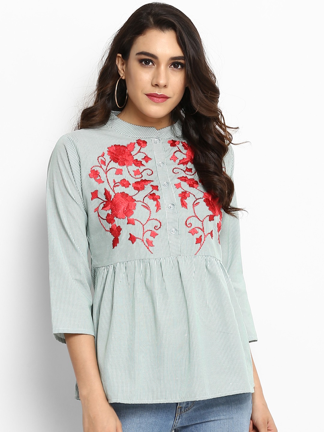 

Bhama Couture Women Green Embroidered Shirt Style Pure Cotton Top