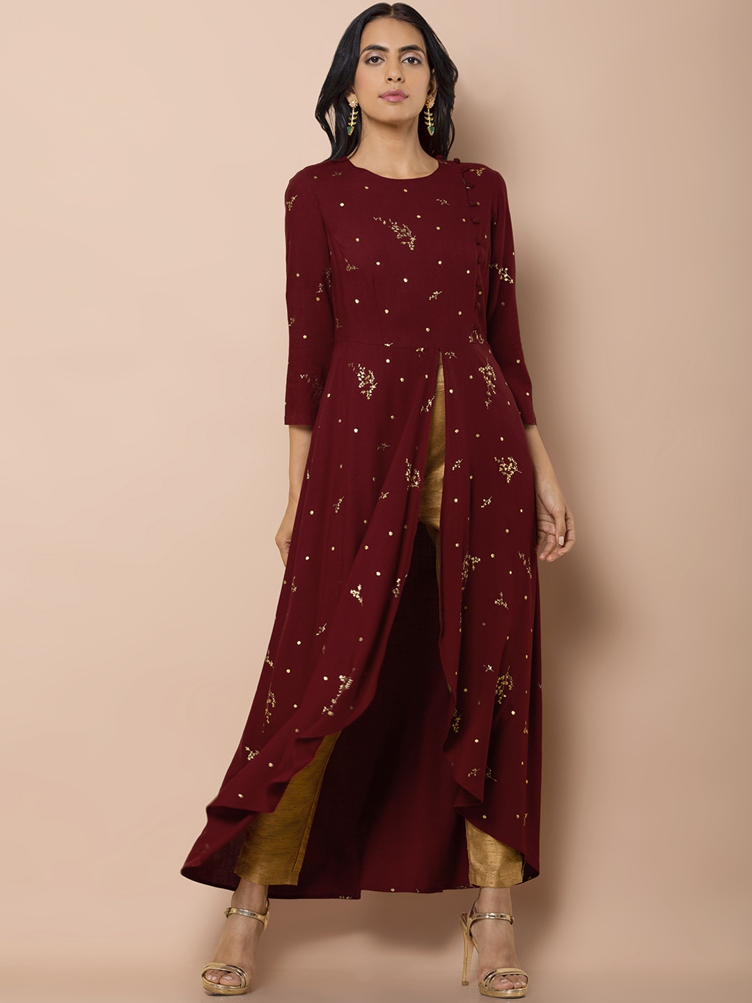 

INDYA Maroon Foil High Slit Viscose Tunic