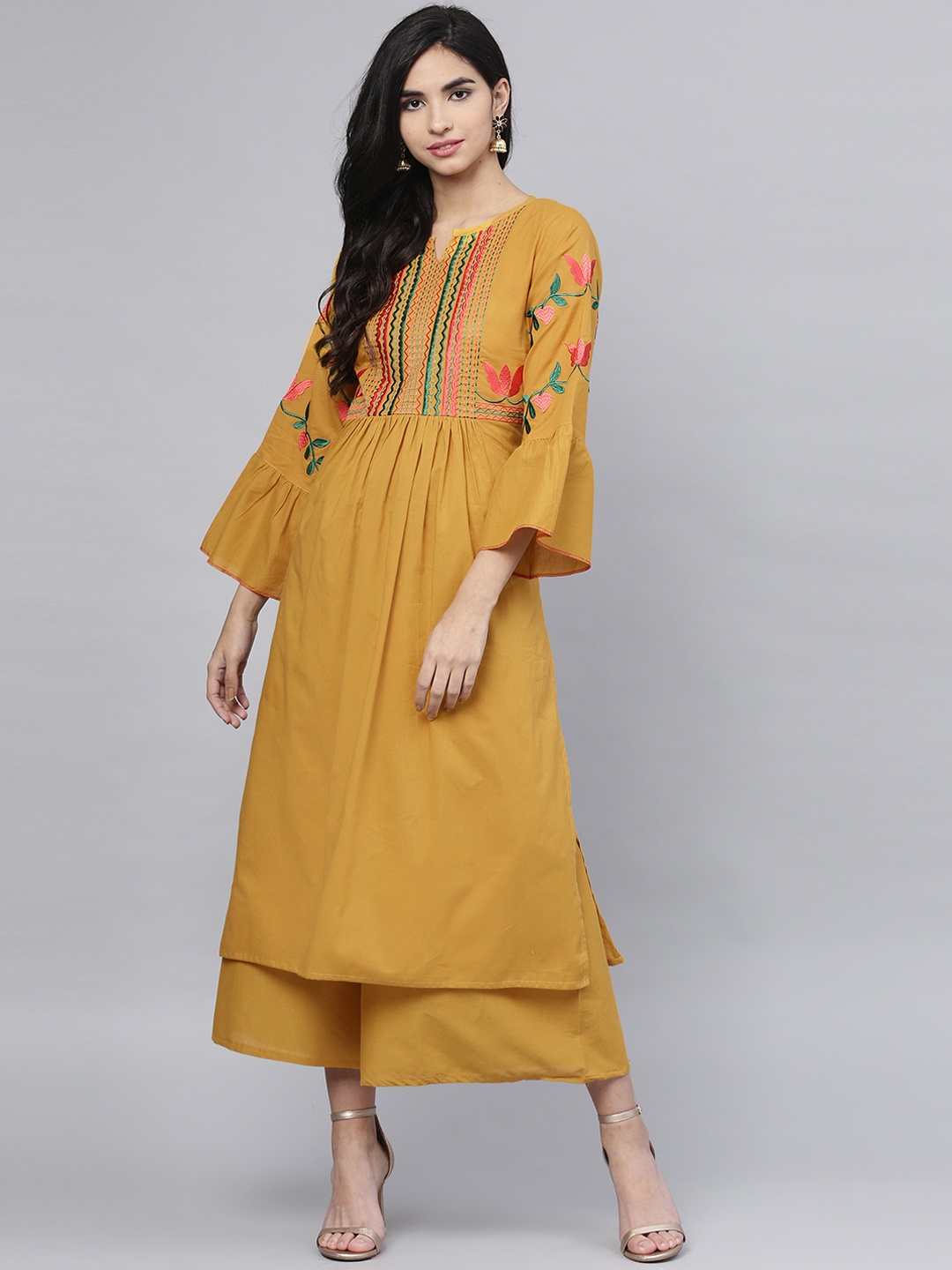 Bhama Couture Women Mustard Yellow Embroidered Kurta with Palazzos