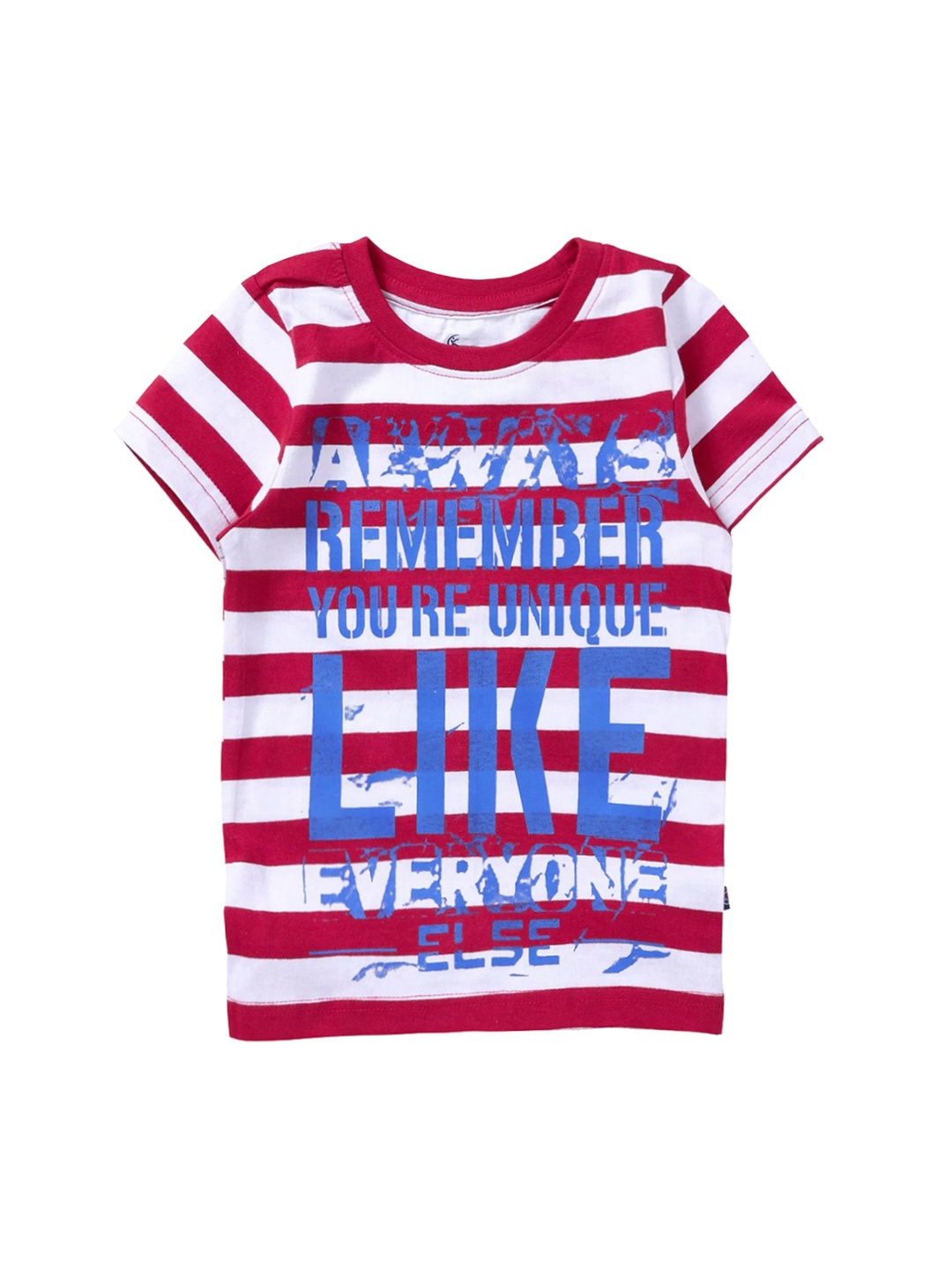 

KiddoPanti Boys Red White Striped Round Neck Pure Cotton T-shirt