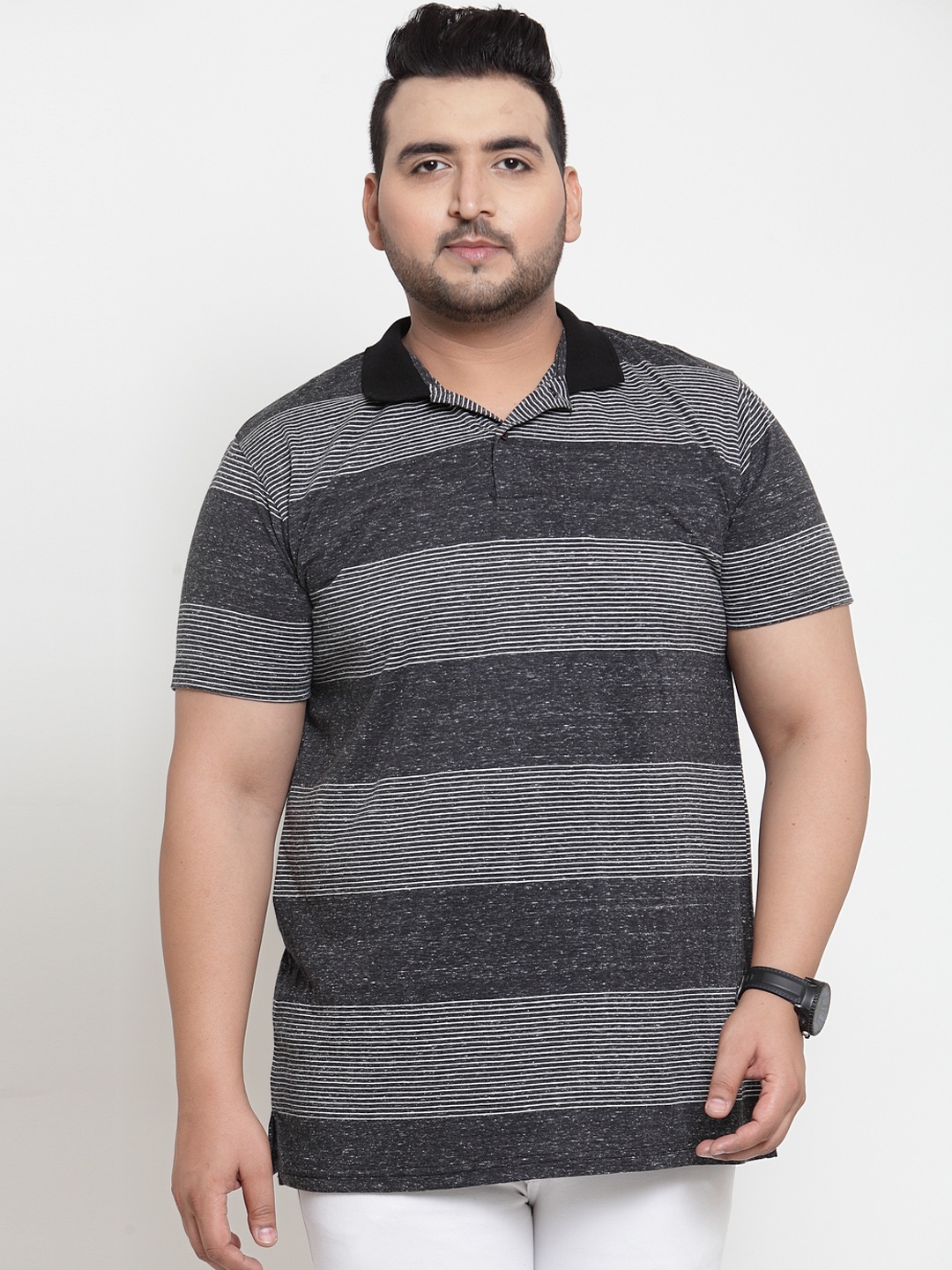 

plusS Men Grey Black Striped Polo Collar Pure Cotton T-shirt
