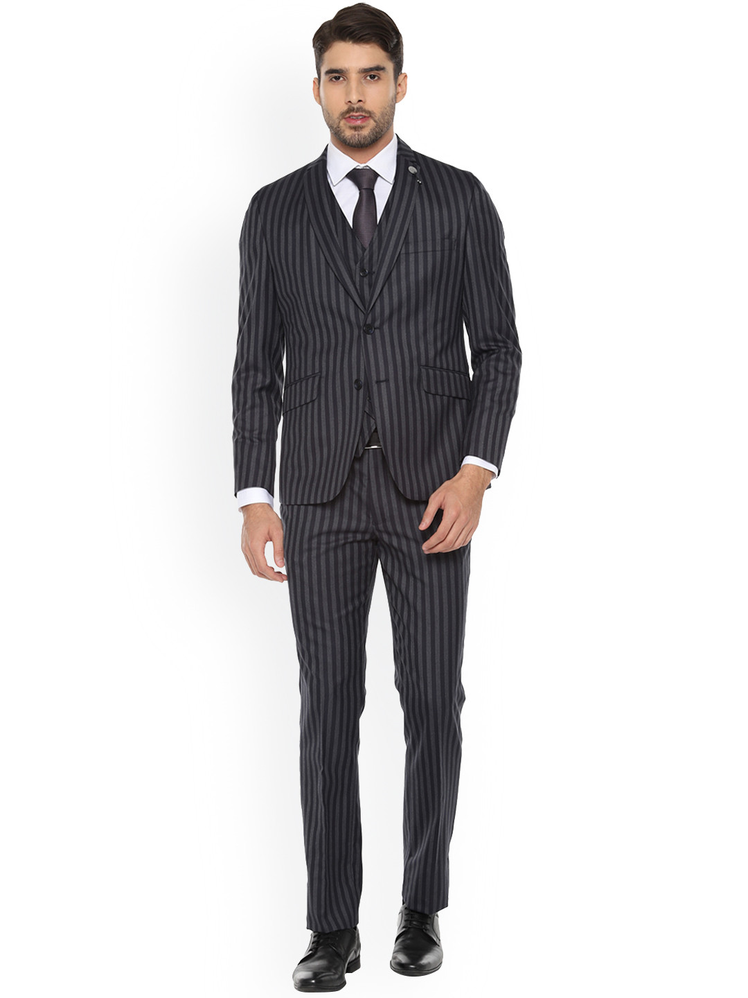 

V Dot Men Black & Grey Striped Super Slim Fit Single-Breasted Tuxedo Suit