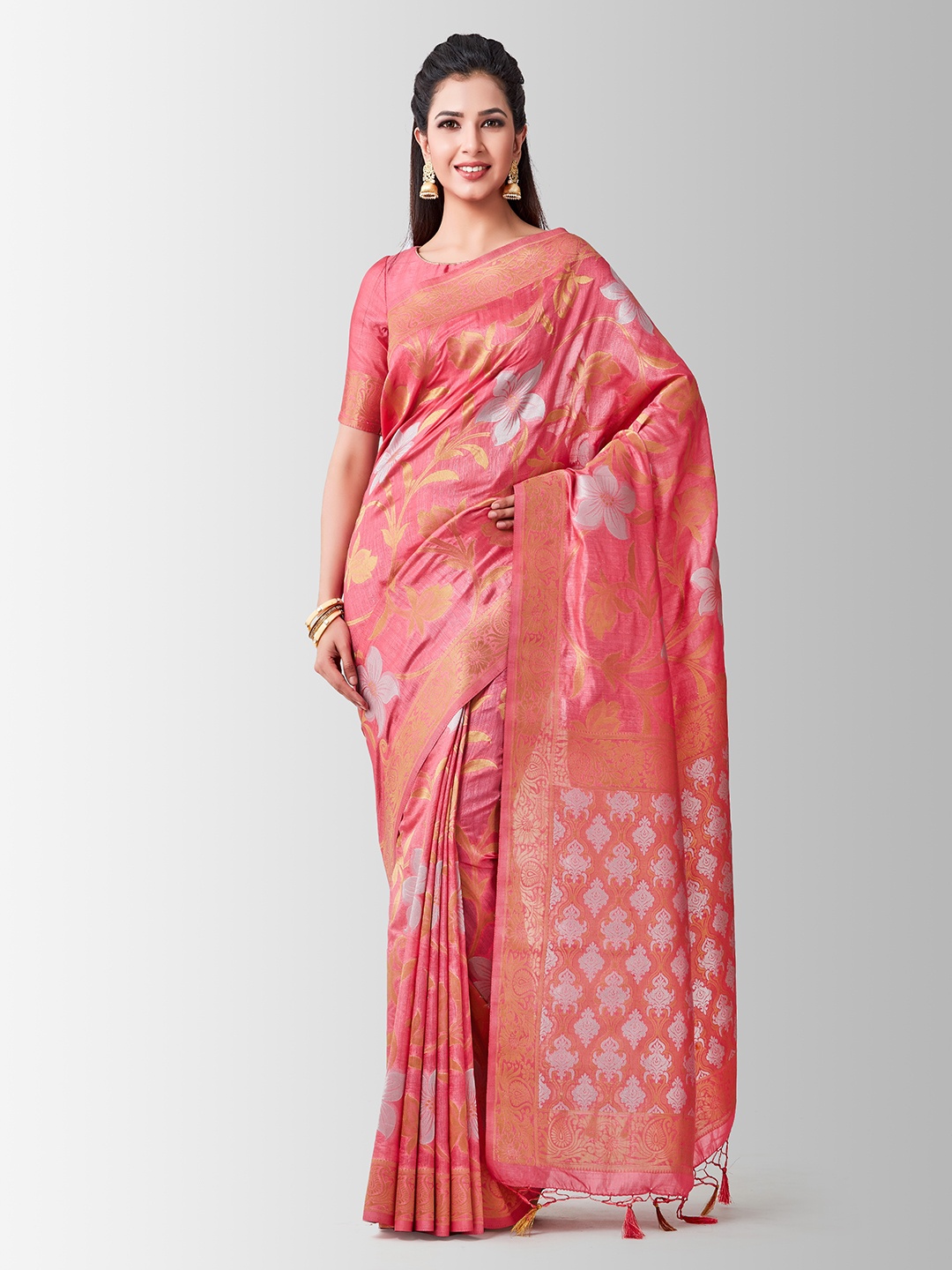 

MIMOSA Pink & Gold-Toned Art Silk Woven Design Kanjeevaram Saree