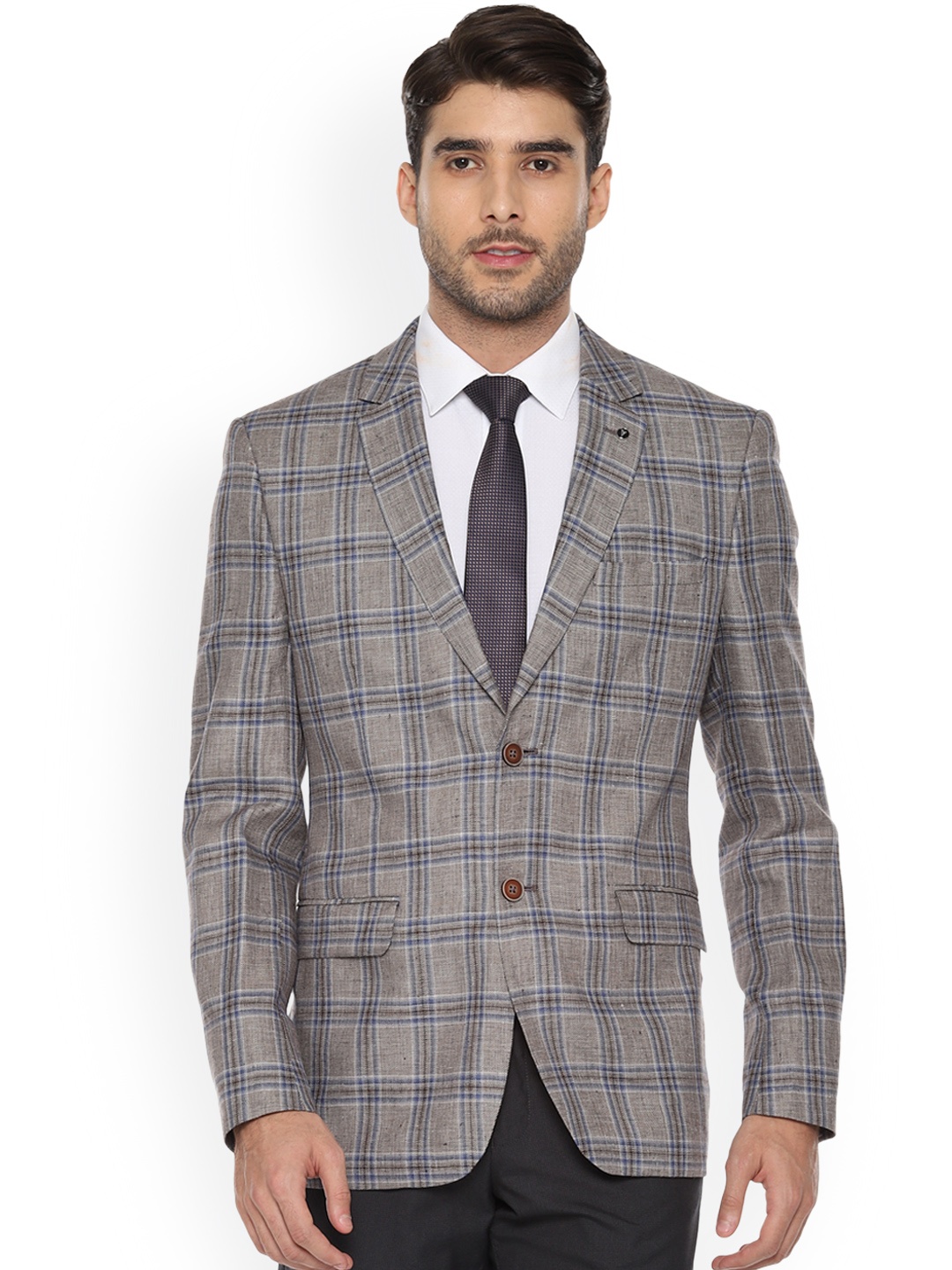 

Van Heusen Grey & Blue Checked Single-Breasted Formal Blazer