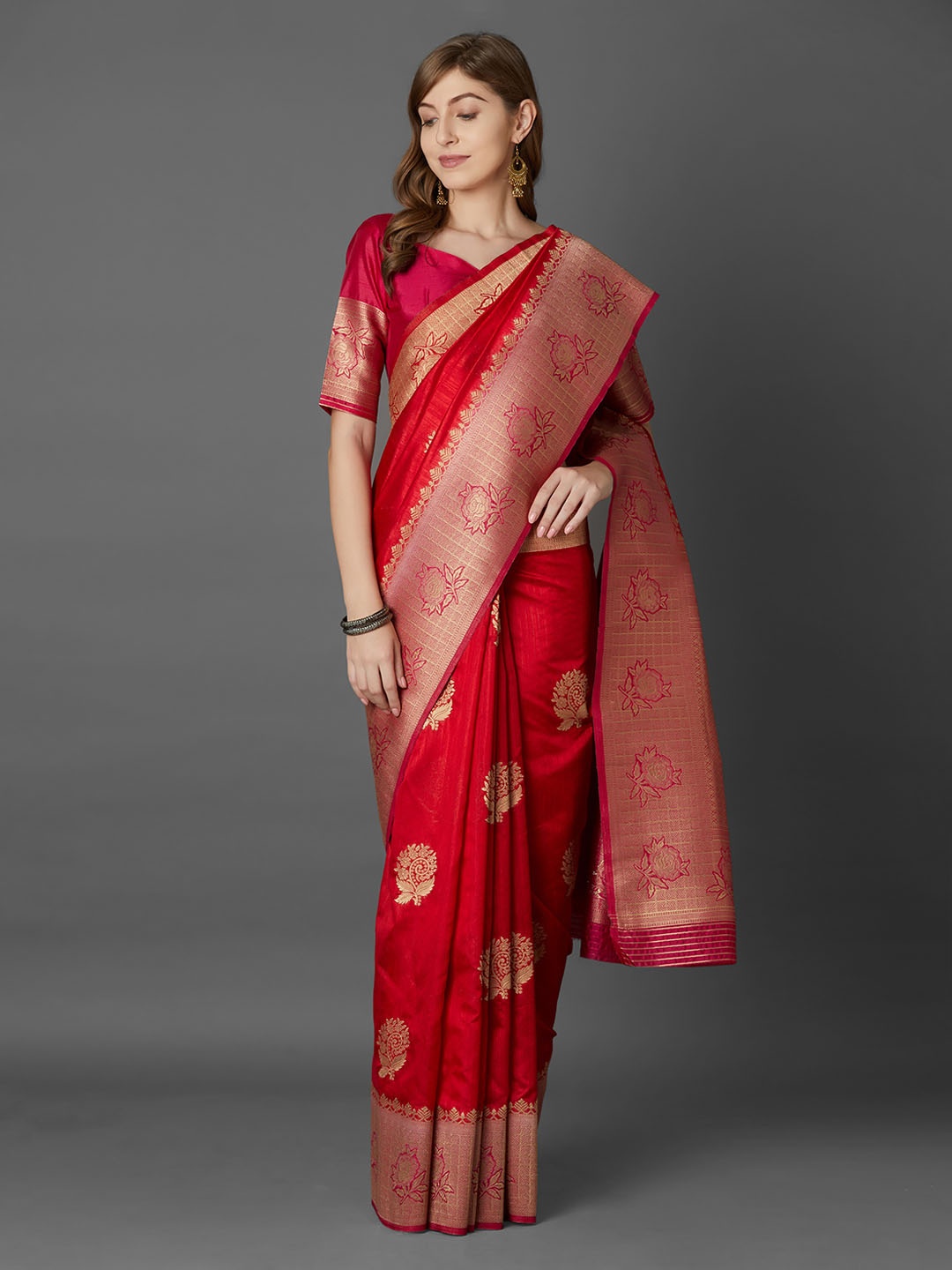 

Mitera Red & Gold-Coloured Silk Blend Woven Design Banarasi Saree