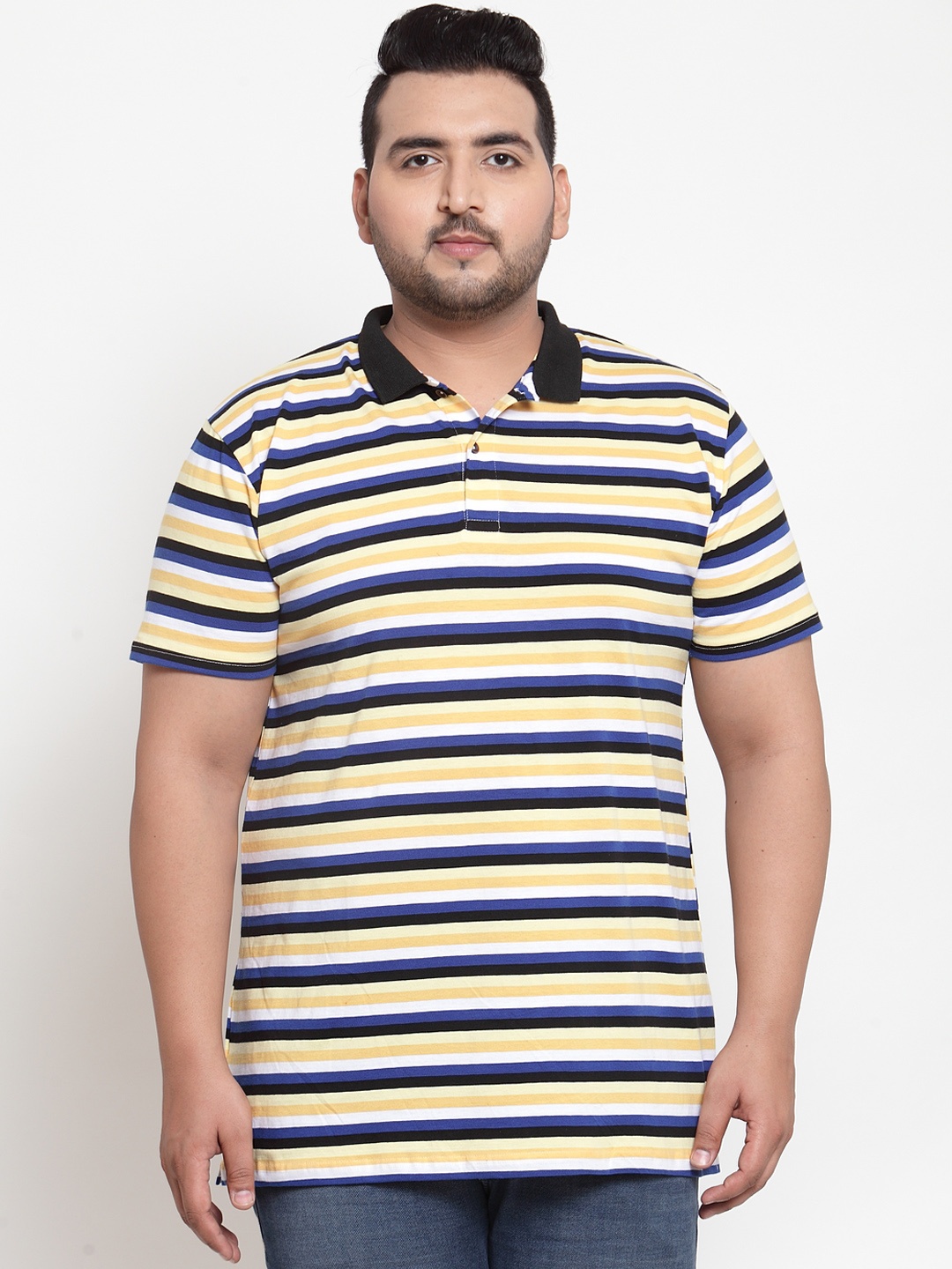 

plusS Men Yellow Blue Striped Polo Collar Pure Cotton T-shirt