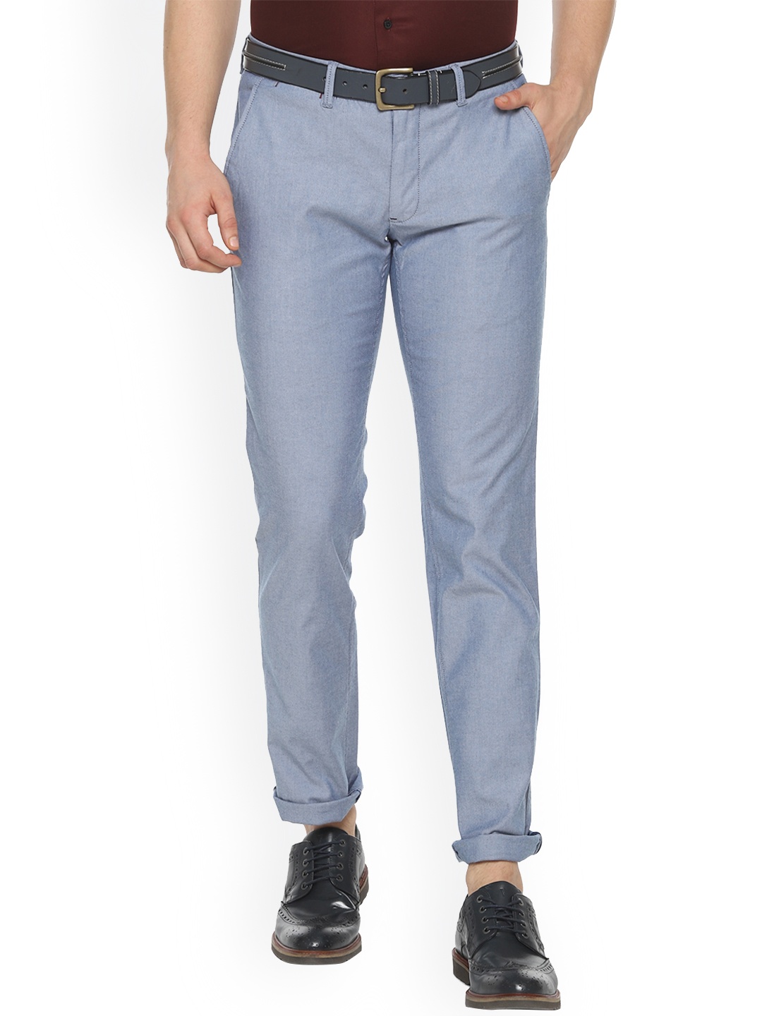 Louis Philippe Men Blue Slim Fit Self Design Formal Trousers