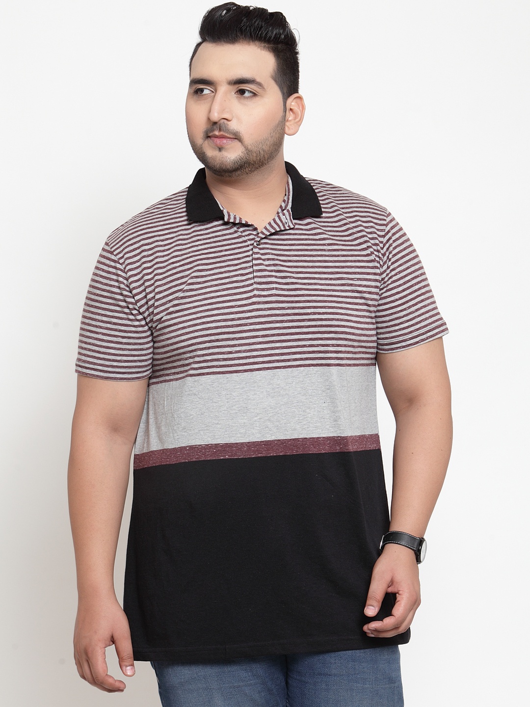 

plusS Men Multicoloured Striped Polo Collar Pure Cotton T-shirt, Multi