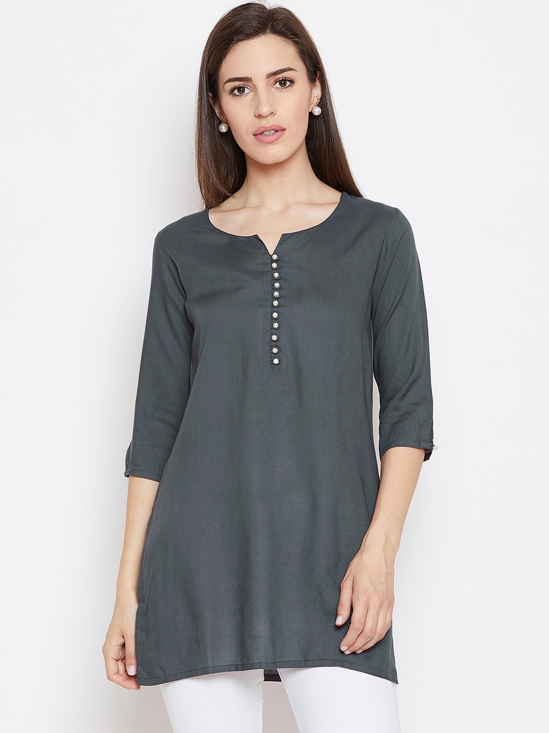 

FABNEST Women Grey Solid Pure Cotton Kurtis