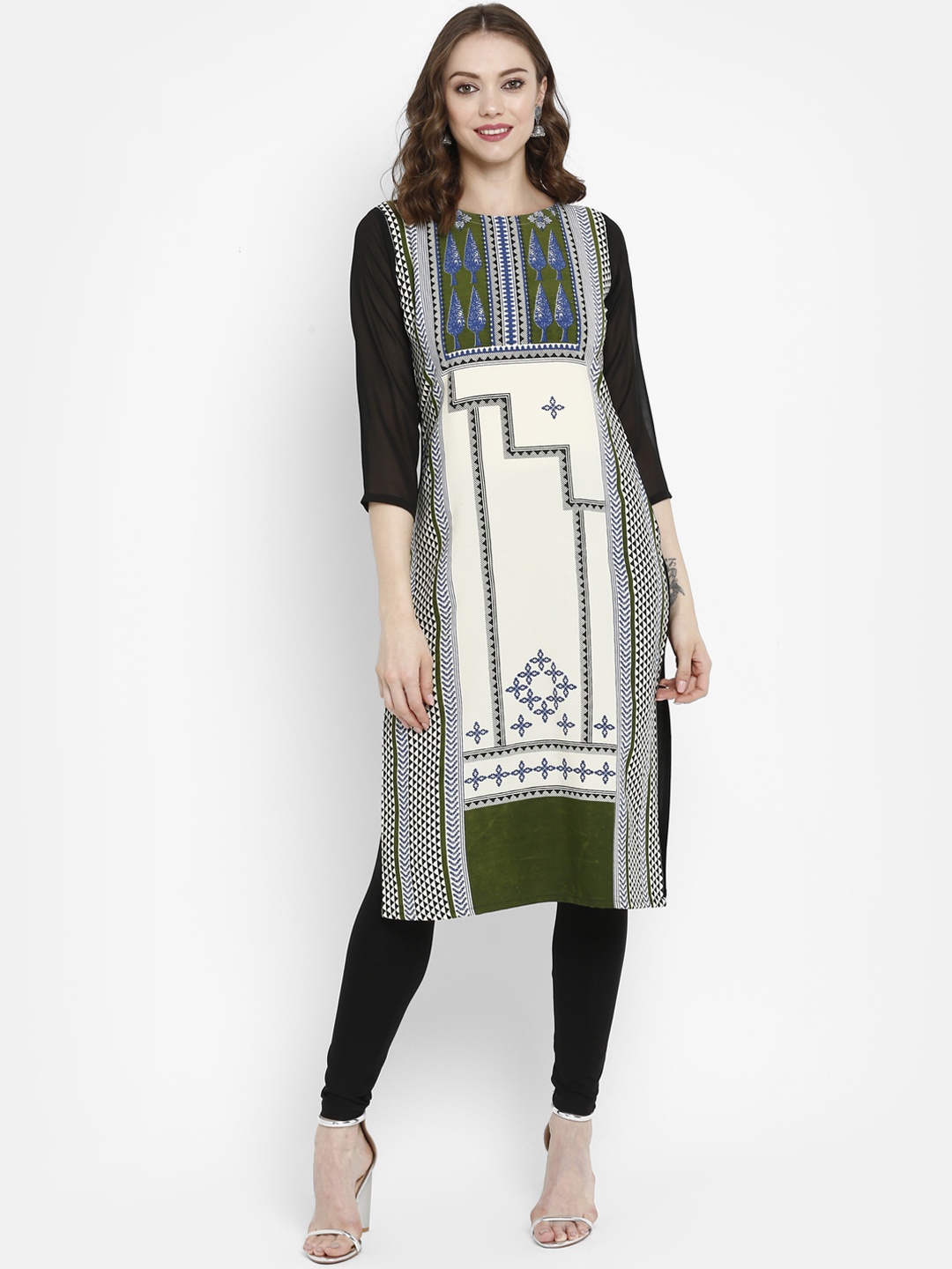 

Ahalyaa Women Black & Cream-Coloured Printed Straight Kurta