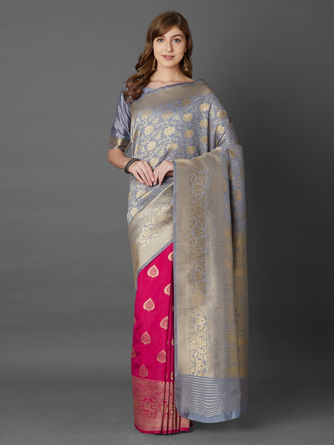 

Mitera Grey & Pink Silk Blend Woven Design Banarasi Saree
