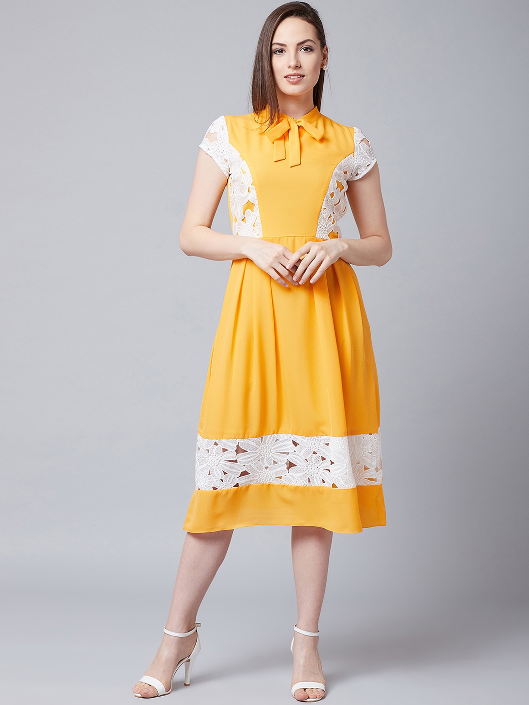 

Athena Women Mustard Yellow & White Fit and Flare Dress