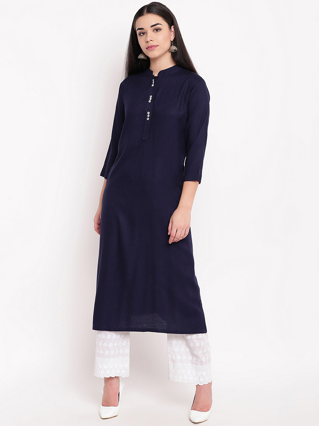

FABNEST Women Navy Blue Solid Straight Kurta