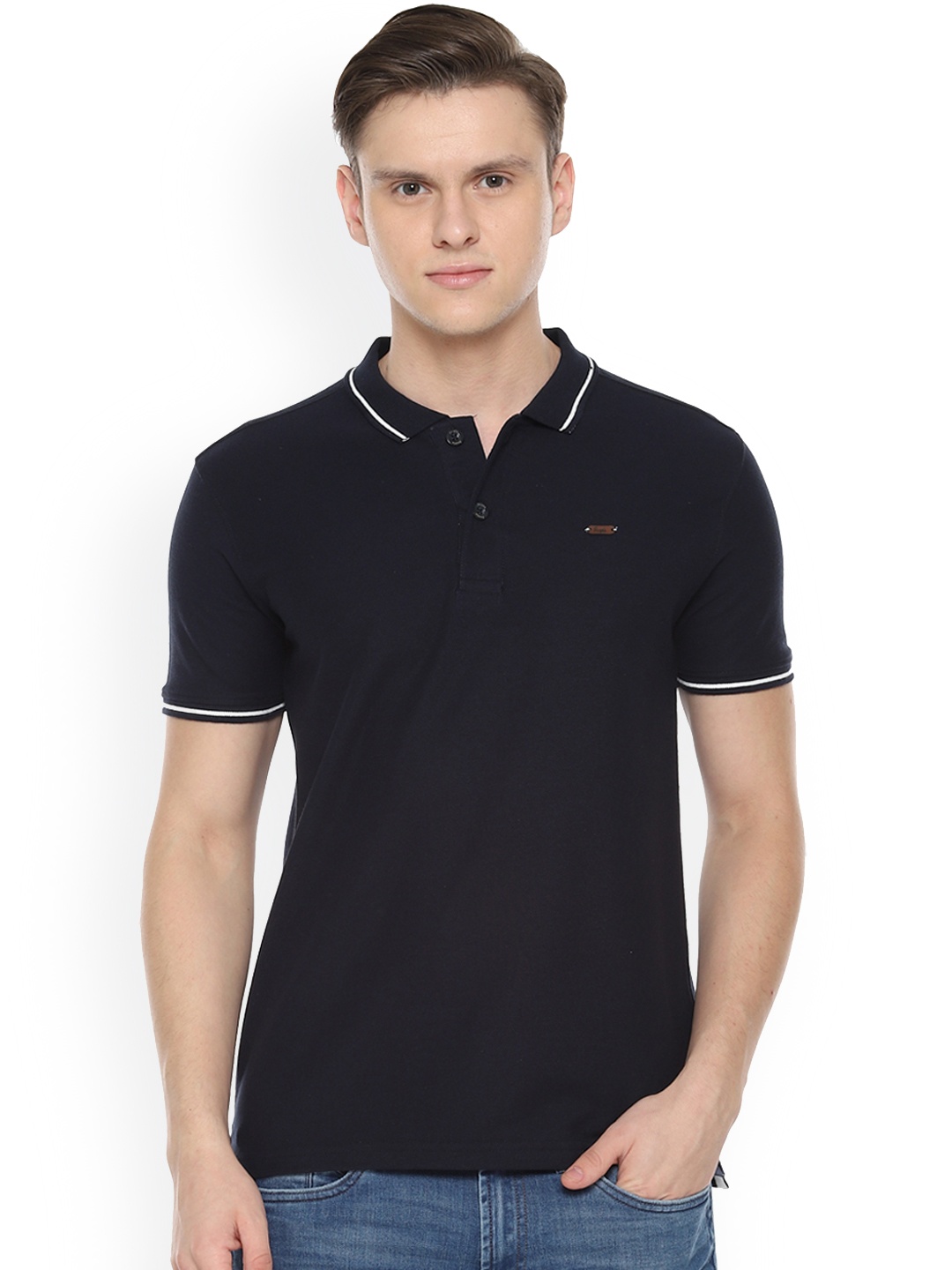 

People Men Navy Blue Solid Polo Collar T-shirt