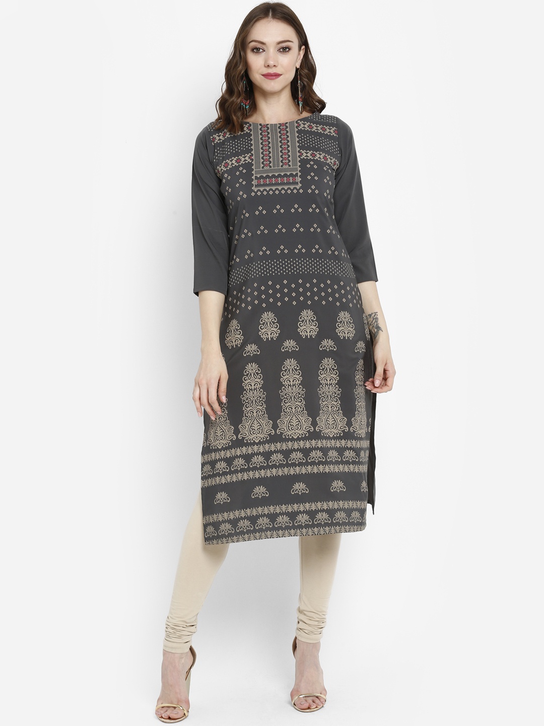 

Ahalyaa Women Grey Printed Straight Kurta