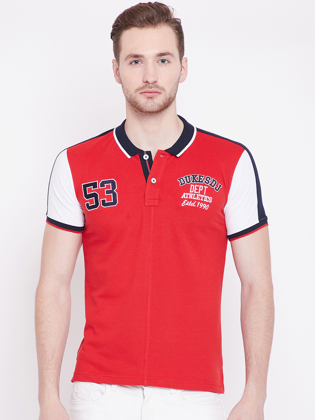 

Duke Men Red Colourblocked Polo Collar Slim-Fit T-shirt