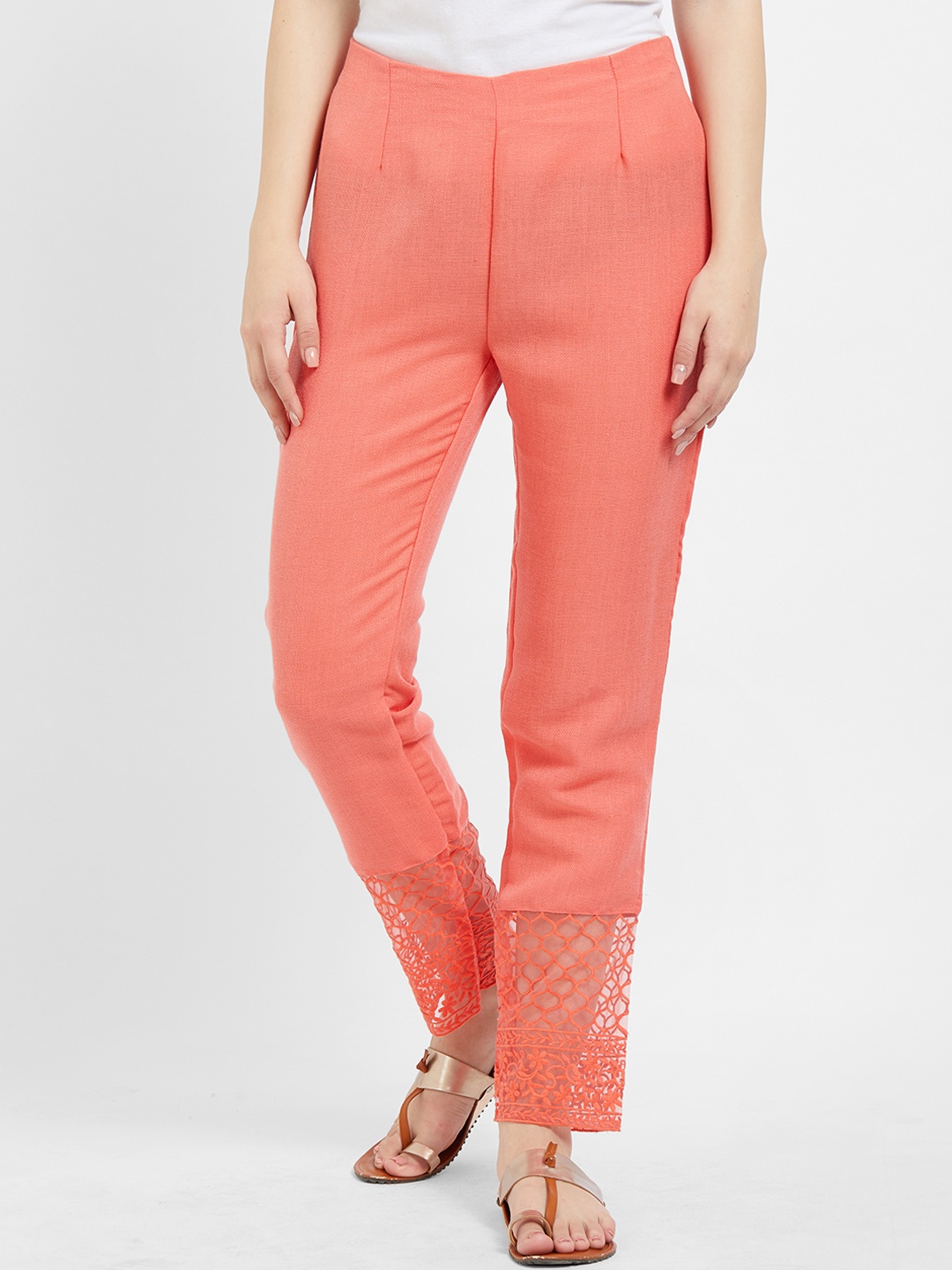 

Fusion Beats Women Peach-Coloured Regular Fit Self Design Regular Trousers
