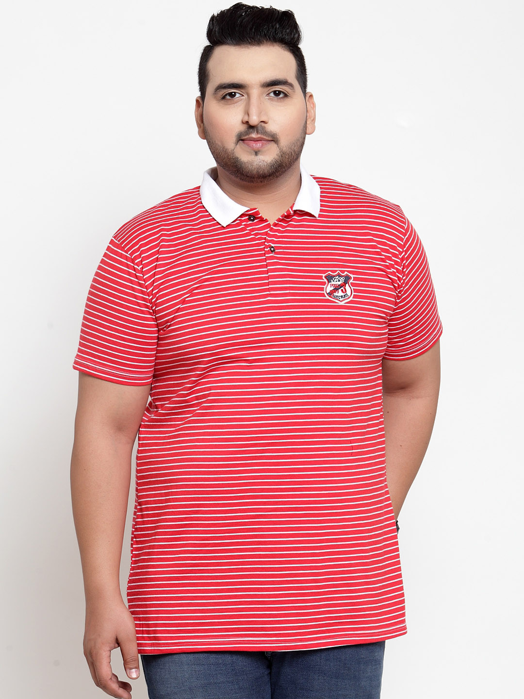 

plusS Men Red Striped Polo Collar Pure Cotton T-shirt