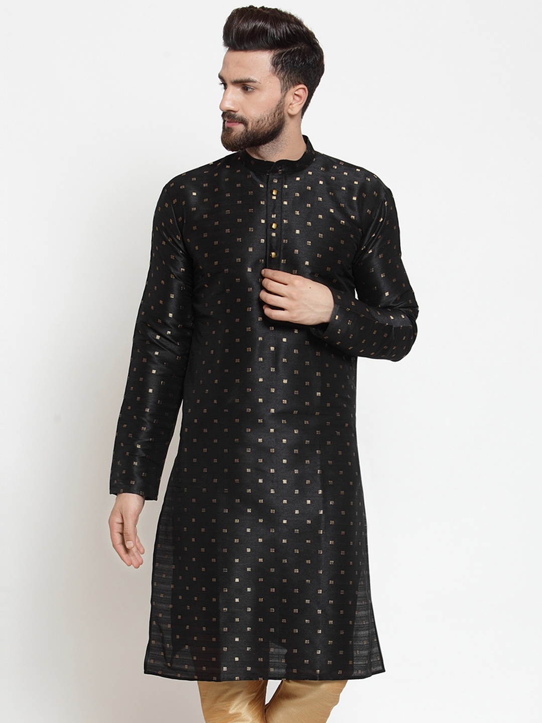 

Jompers Men Black Woven Design Straight Kurta