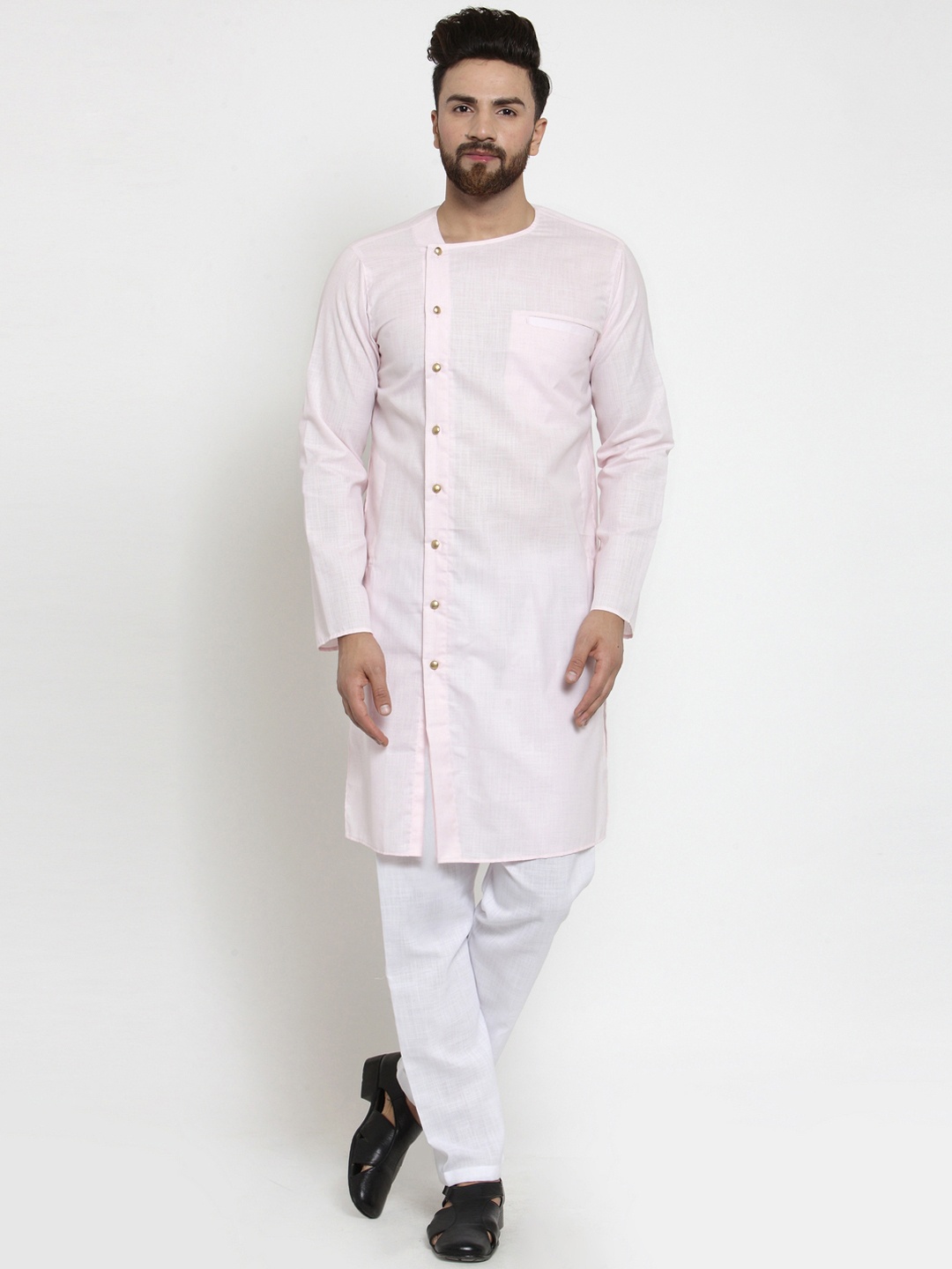 

TREEMODA Men Pink & White Solid Linen Kurta with Pyjamas