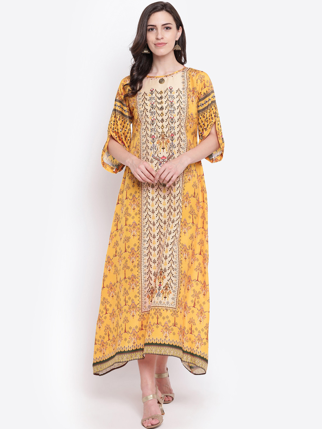 

Kvsfab Women Mustard Yellow Printed A-Line Kurta
