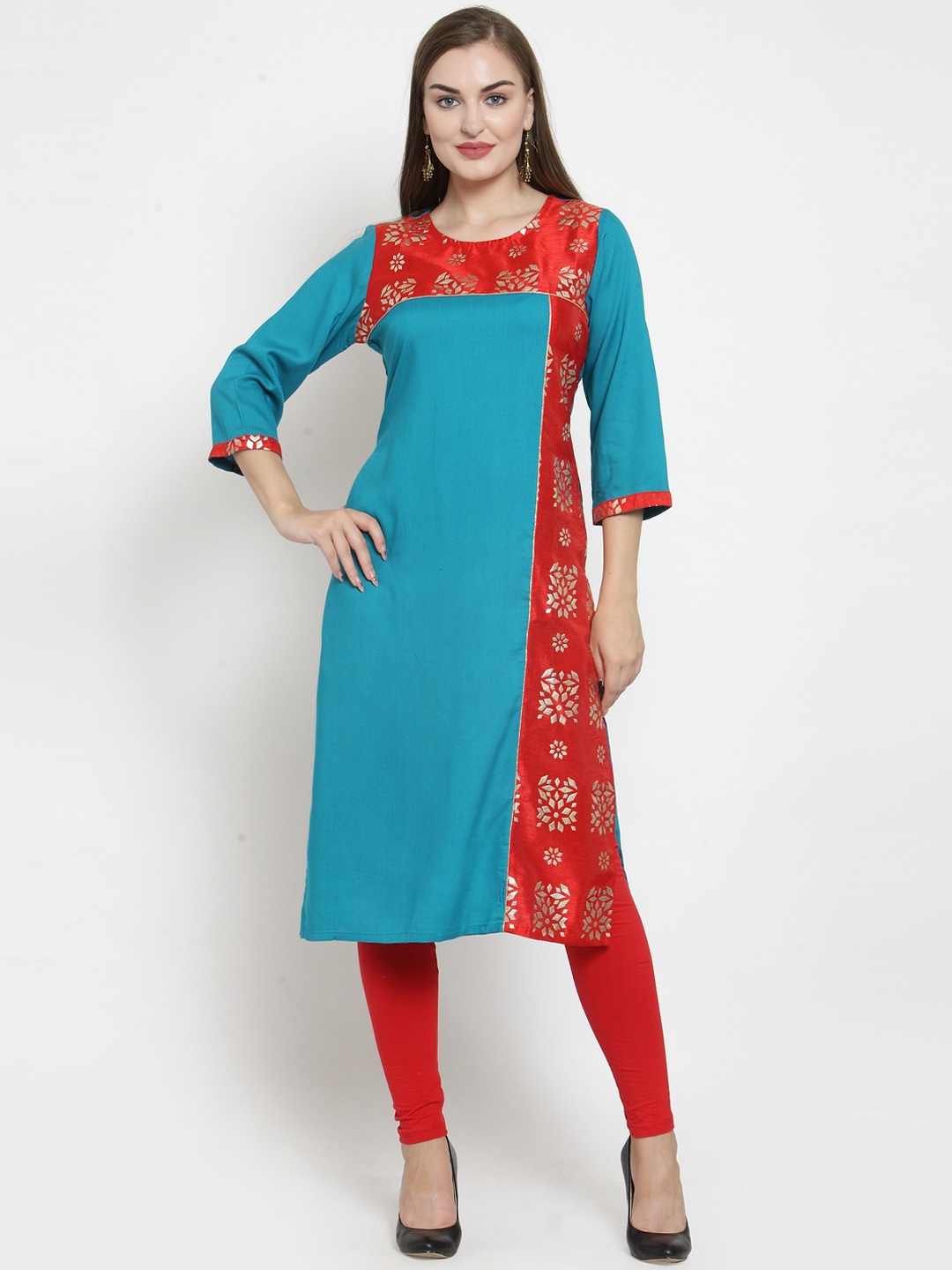 

WESTCLO Women Turquoise-Blue & Red Printed Straight Kurti