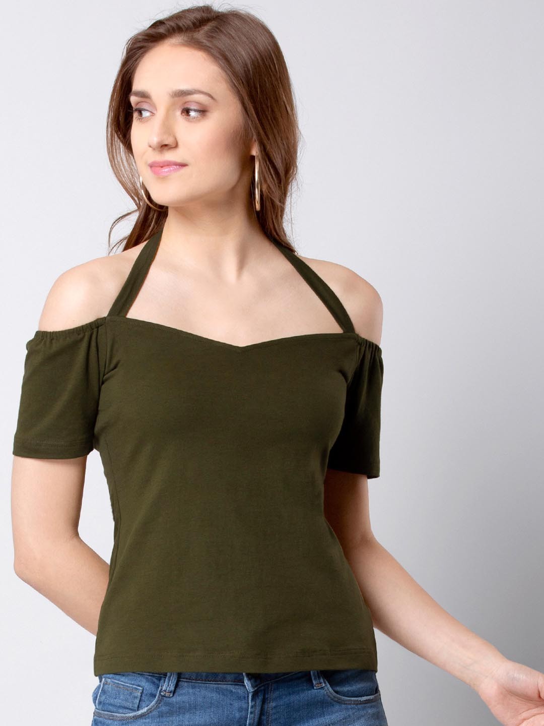 

FabAlley Women Olive Green Solid Bardot Top