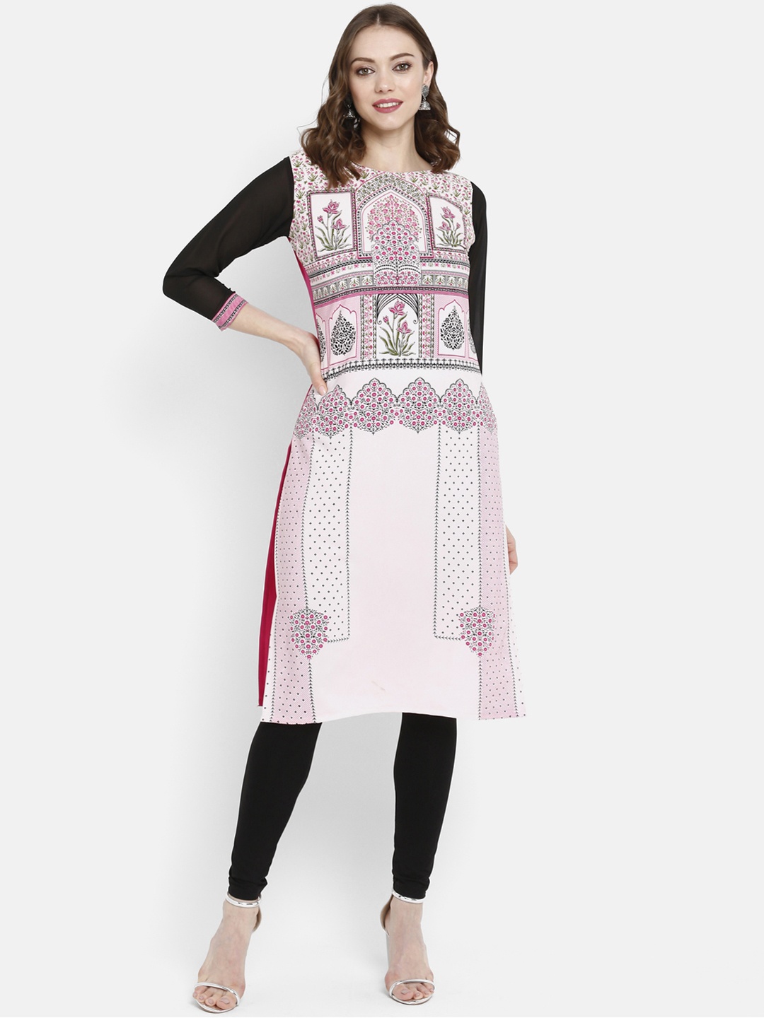 

Ahalyaa Women Pink & Off-White Printed Straight Kurta