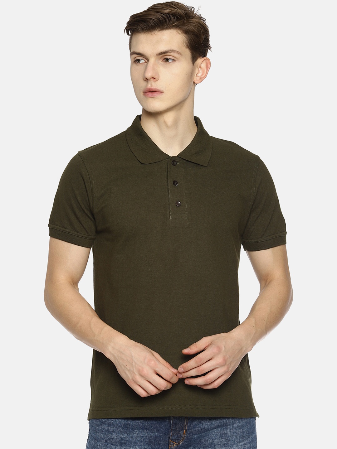 

OBOW Men Olive Green Solid Polo Collar Pure Cotton T-shirt