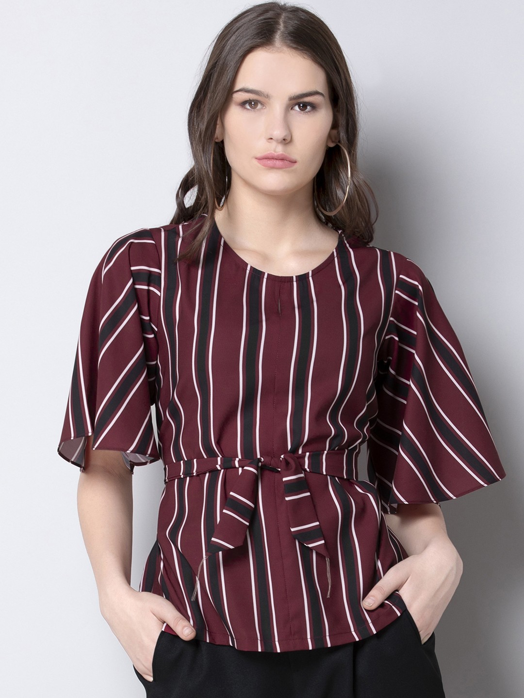 

FabAlley Women Maroon & Black Striped A-Line Top