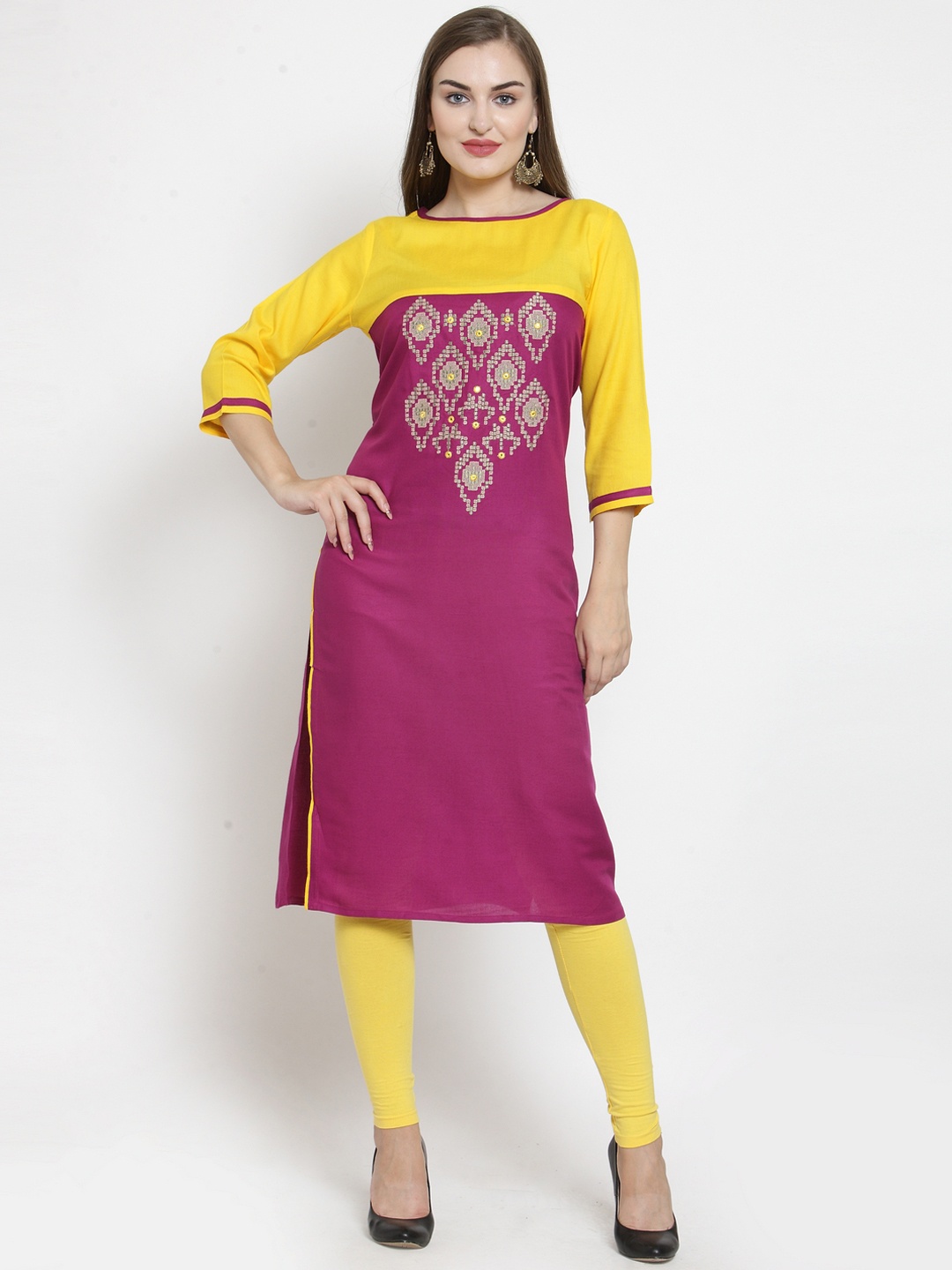 

WESTCLO Women Magenta & Yellow Embroidered Straight Kurta