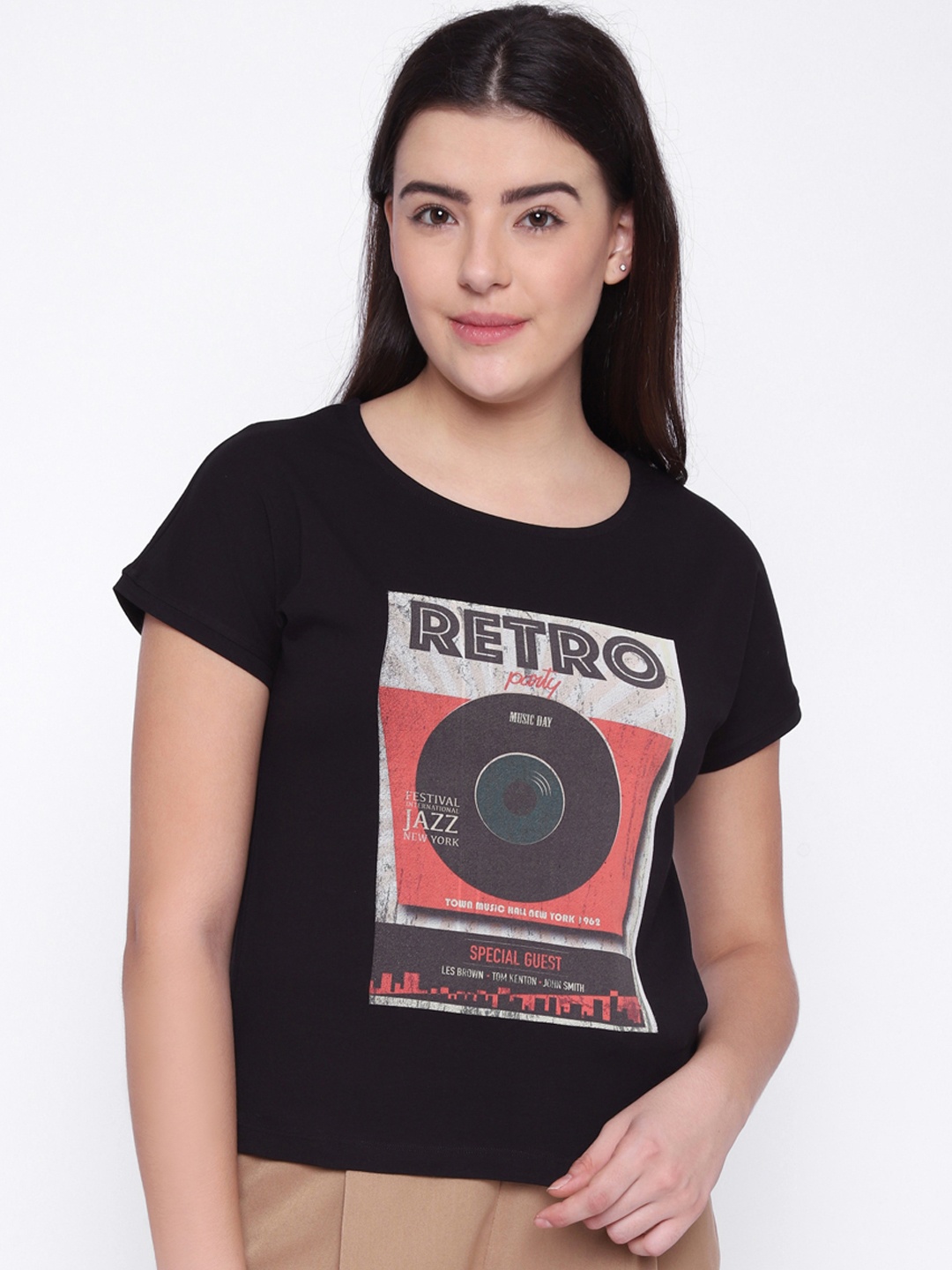 

Newport Women Black Printed Round Neck T-shirt