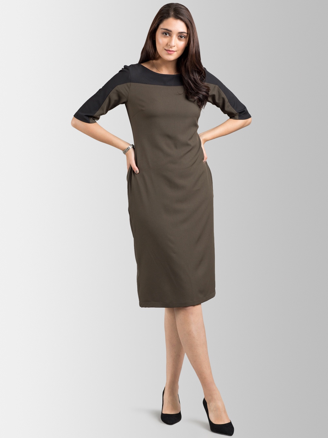 

FableStreet Women Olive Brown & Black Sheath Dress
