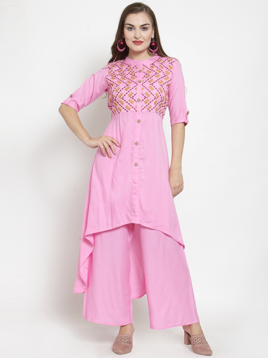 

WESTCLO Women Pink Embroidered A-Line Kurti