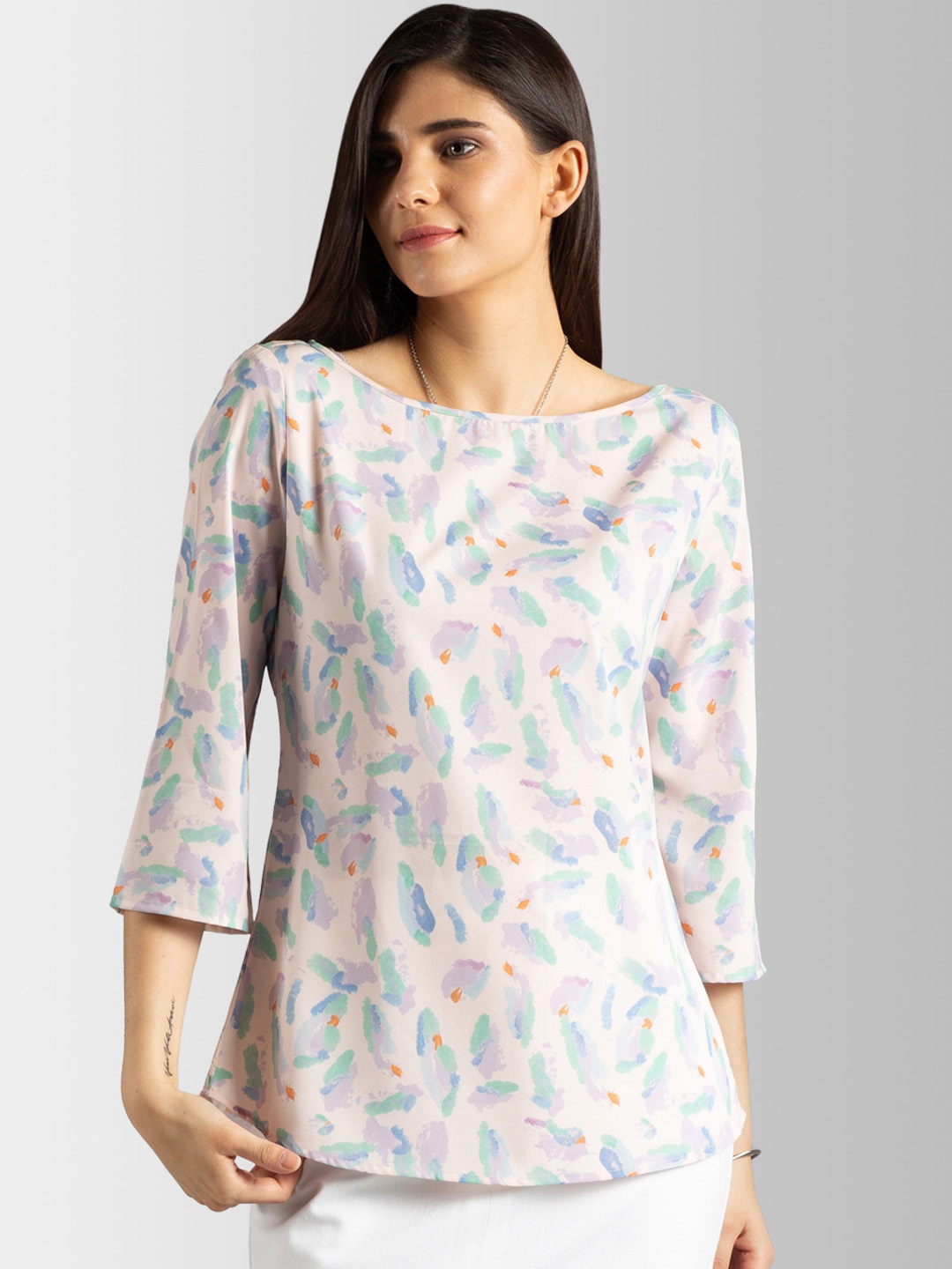

FableStreet Women Pink & Blue Printed A-Line Top