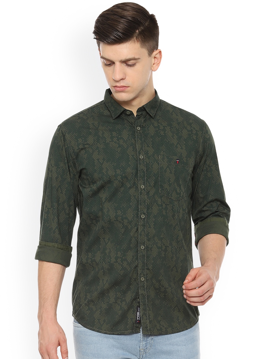 Louis Philippe Jeans Men Olive Green Tight Slim Fit Printed Casual Shirt