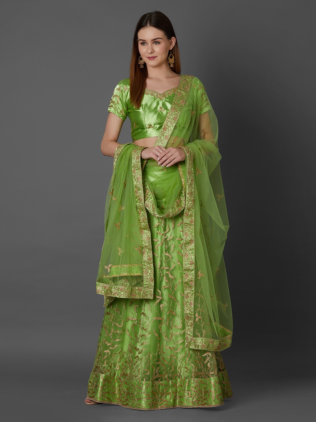 

Mitera Green & Gold-Toned Embroidered Semi-Stitched Lehenga & Blouse with Dupatta