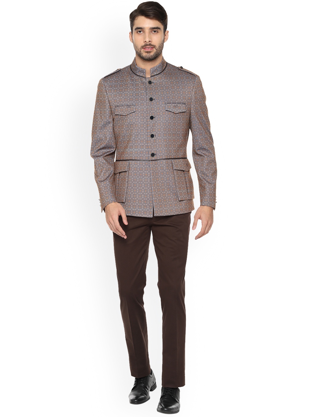 

V Dot Men Brown Printed Single-Breasted Bandh Gala Suit