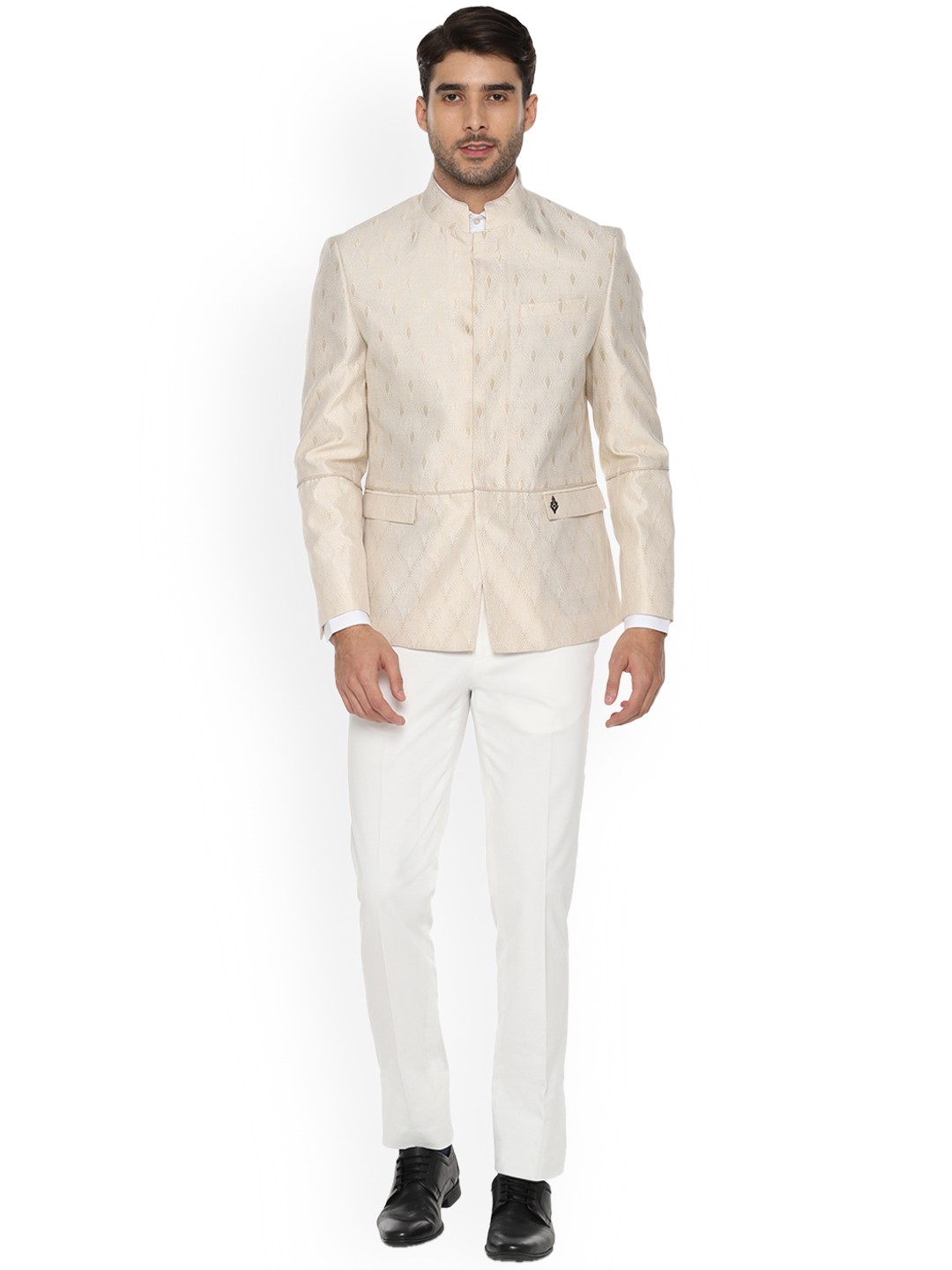 

V Dot Men Beige Self-Design Super Slim Fit Single-Breasted Bandhgala Suit
