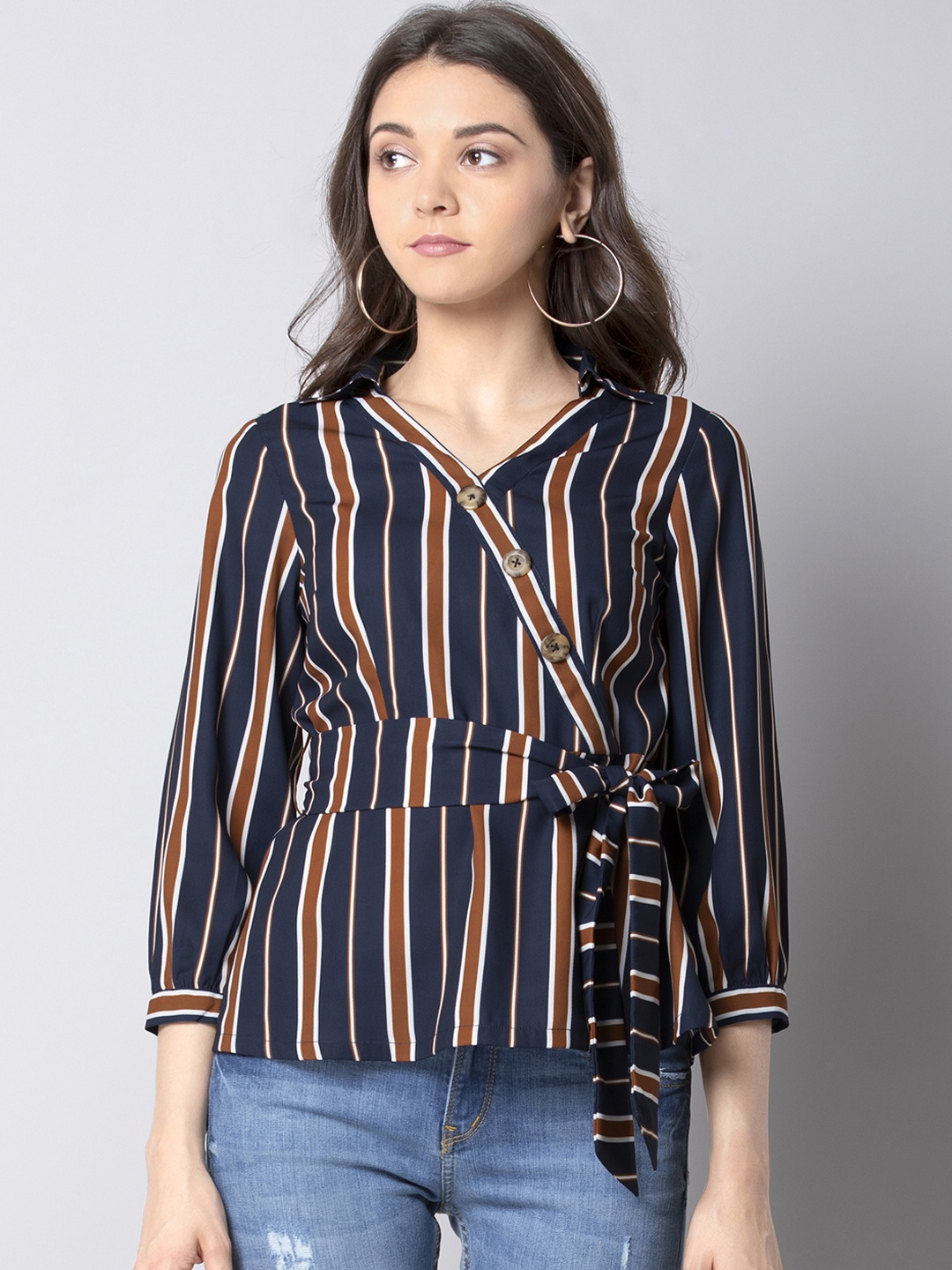 

FabAlley Women Blue & Brown Striped Wrap Top