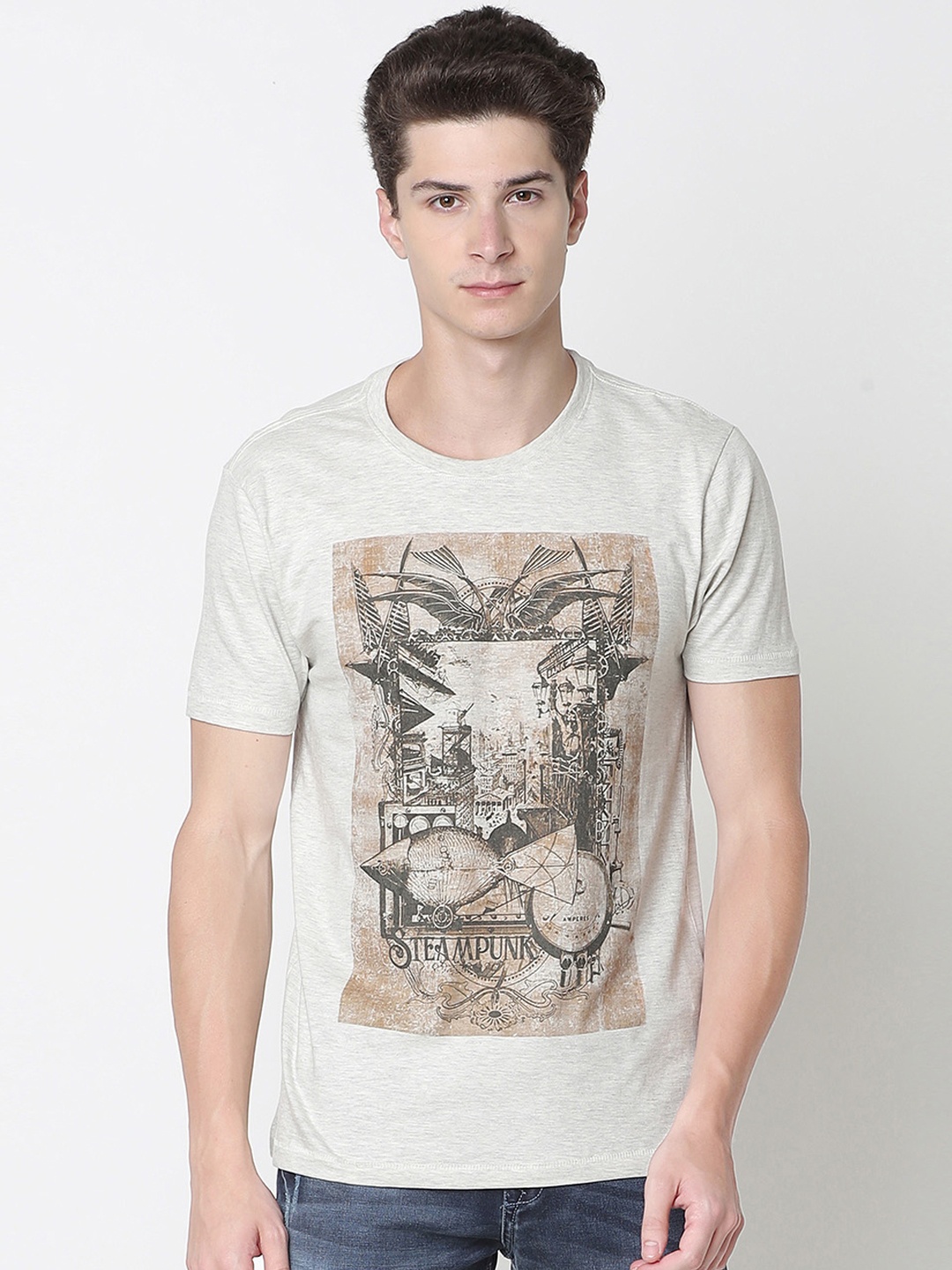 

Newport Men Grey Printed Round Neck T-shirt