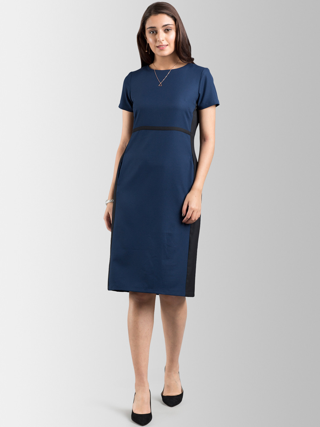 

FableStreet Women Navy Blue Solid Sheath Dress
