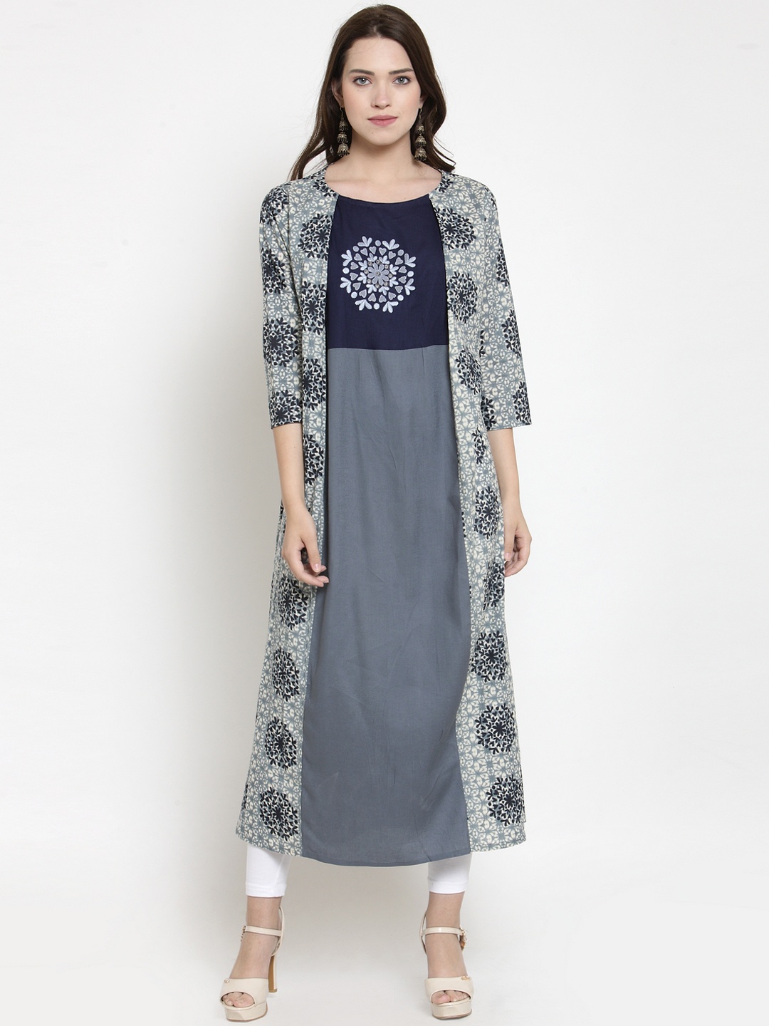 

WESTCLO Women Grey & Blue Printed A-Line Kurta