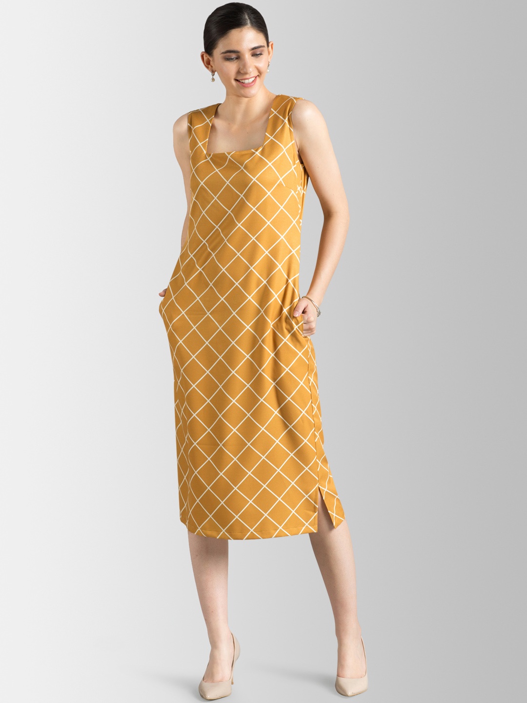 

FableStreet Women Mustard Yellow Checked Sheath Dress