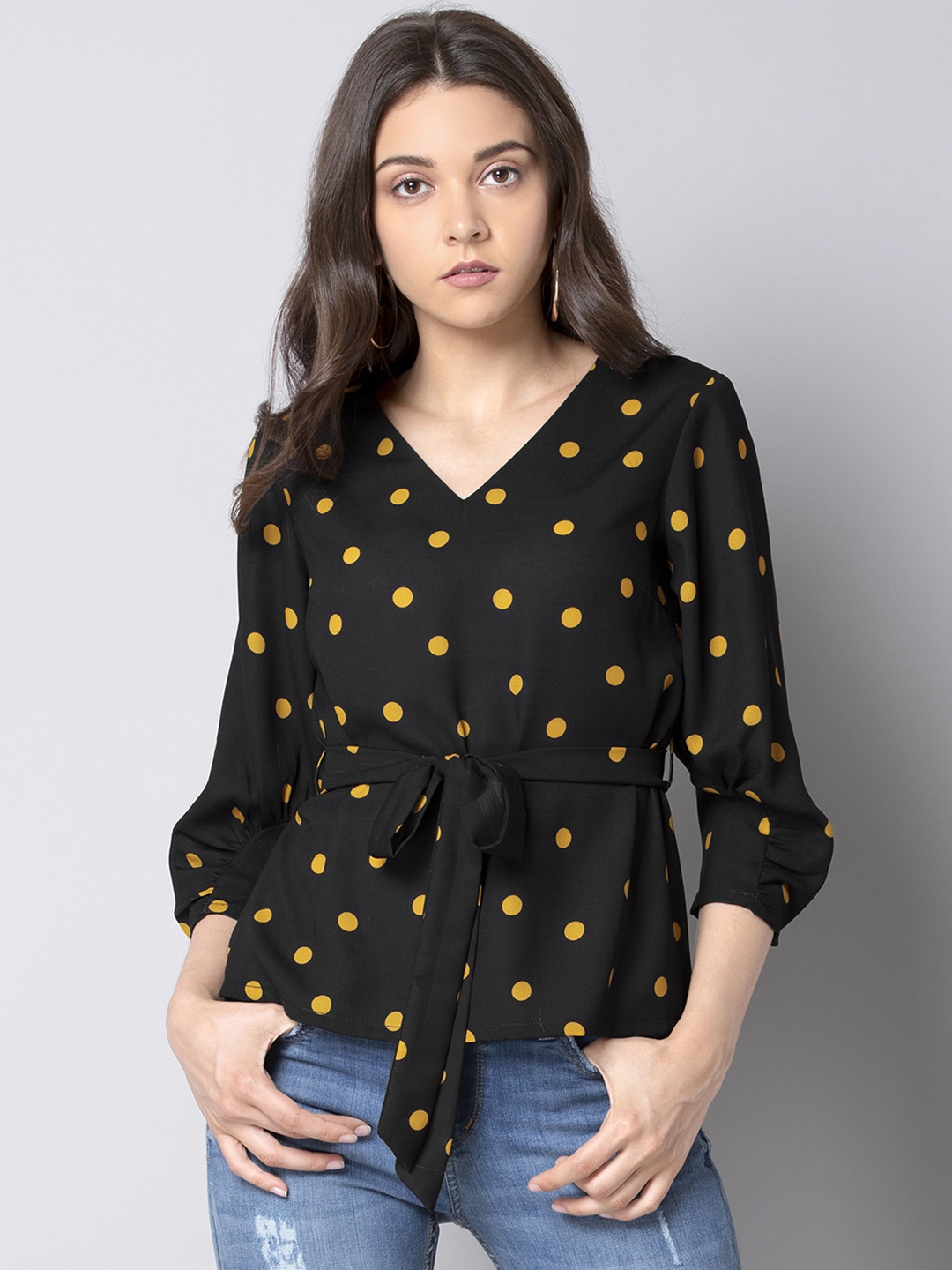 

FabAlley Women Black & Yellow Polka Dot Printed A-Line Top