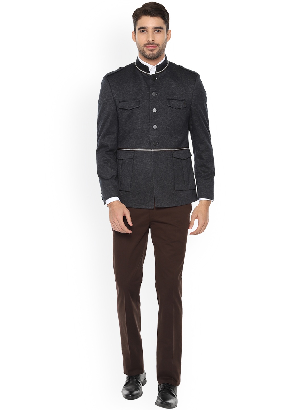 

Van Heusen Men Grey & Brown Solid Single-Breasted Two Piece Suit